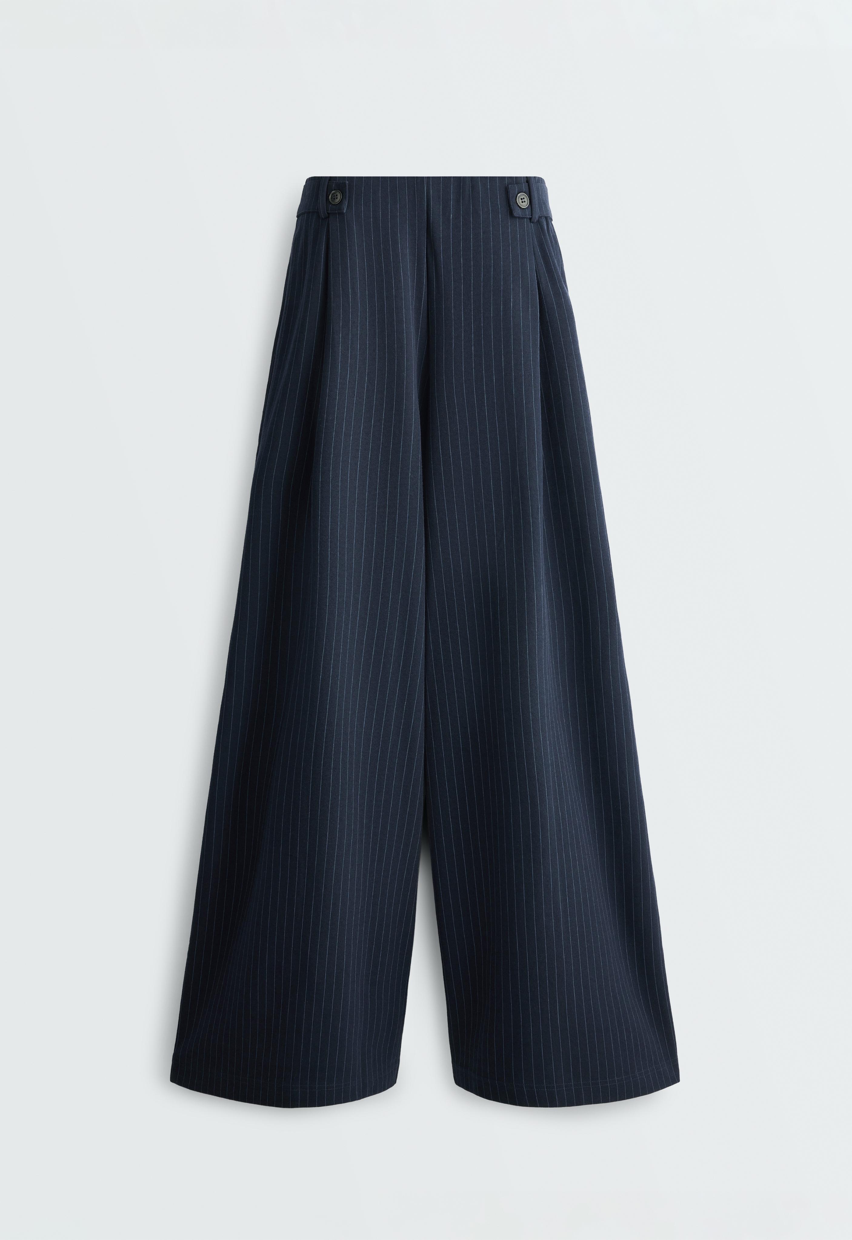Pinstripe cotton pique wide-leg trousers — NAVY BLUE
