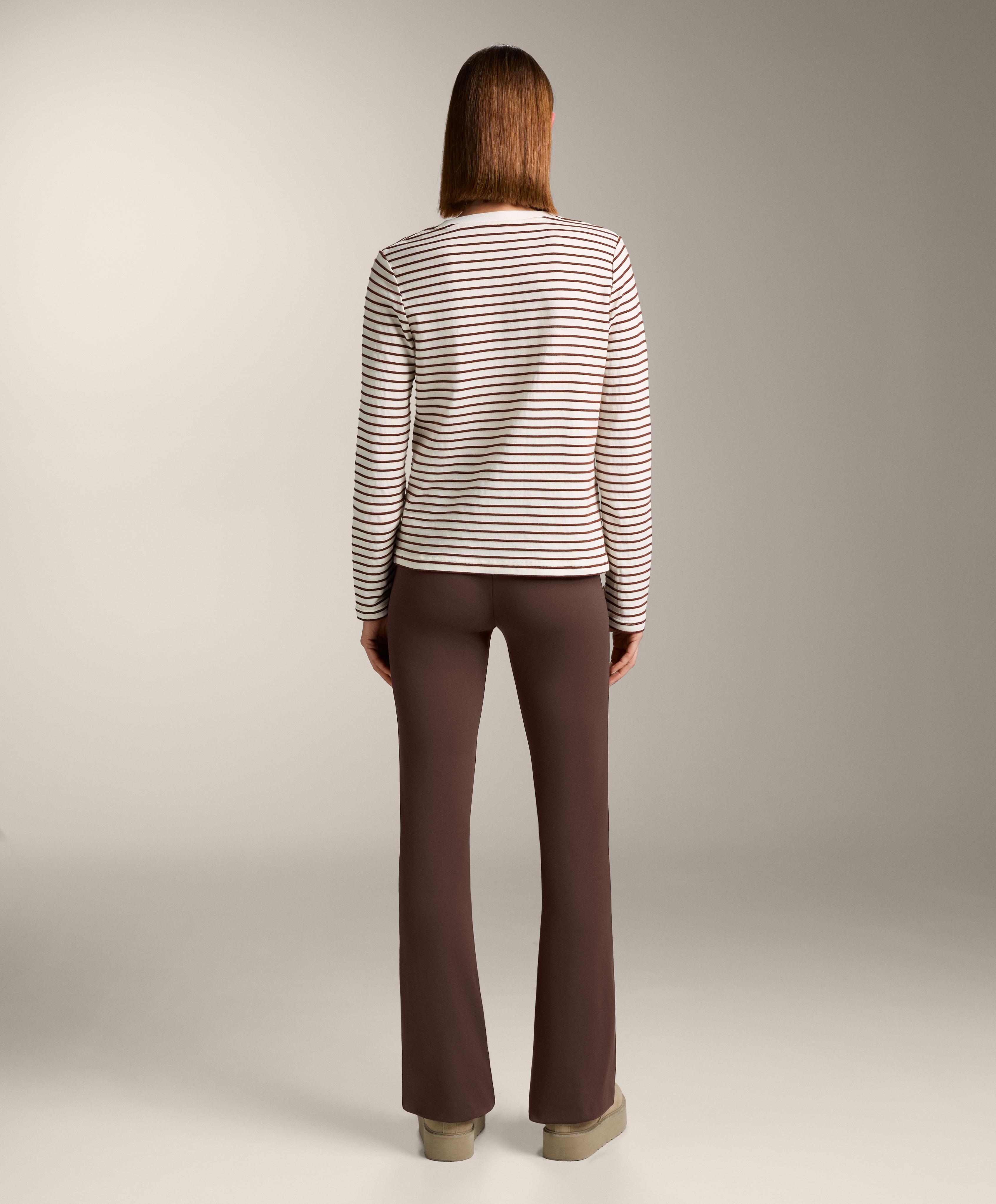 Regular fit long sleeve striped cotton blend T-shirt — BROWN