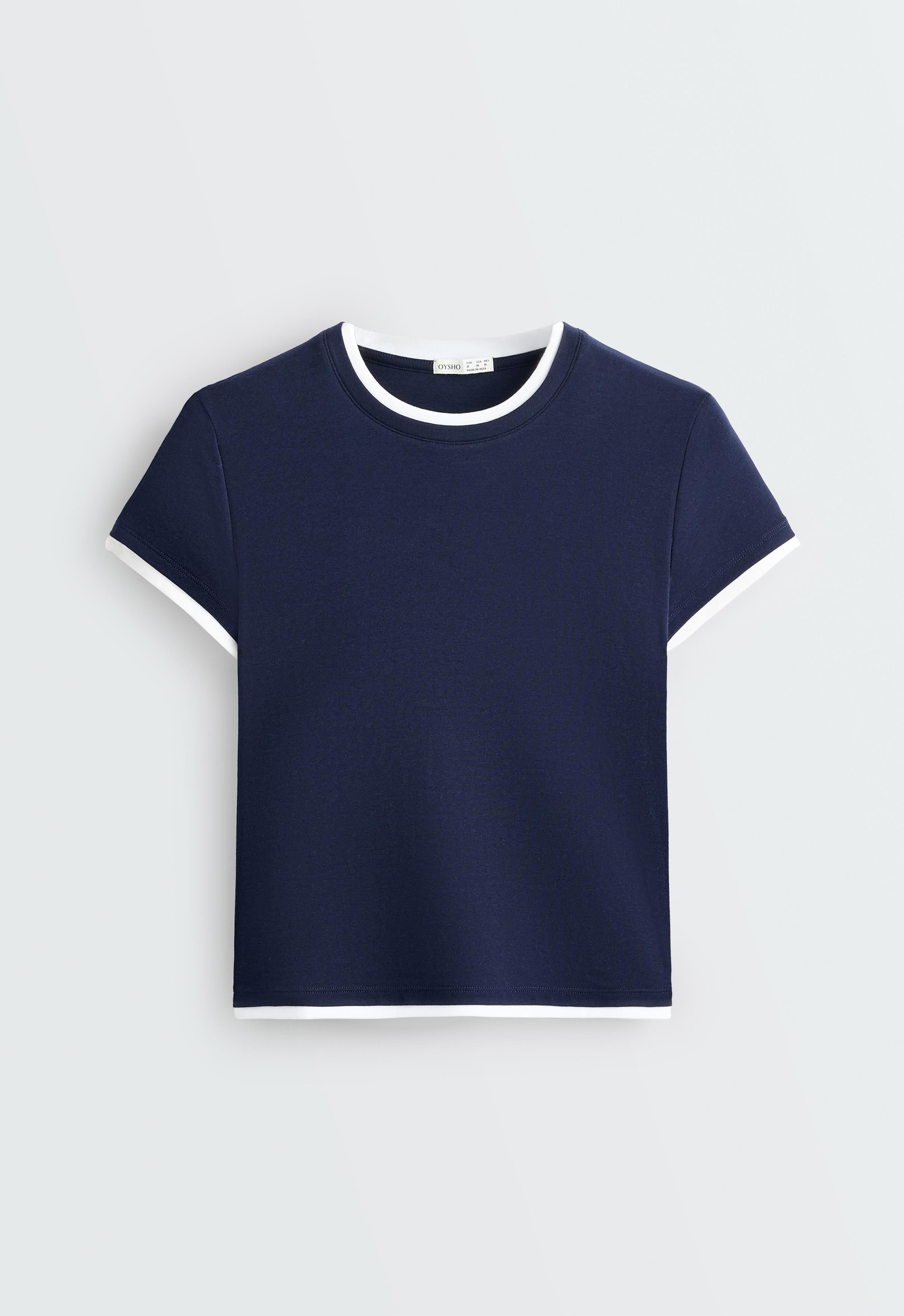 Cotton blend double rib effect short sleeve T-shirt — NAVY BLUE