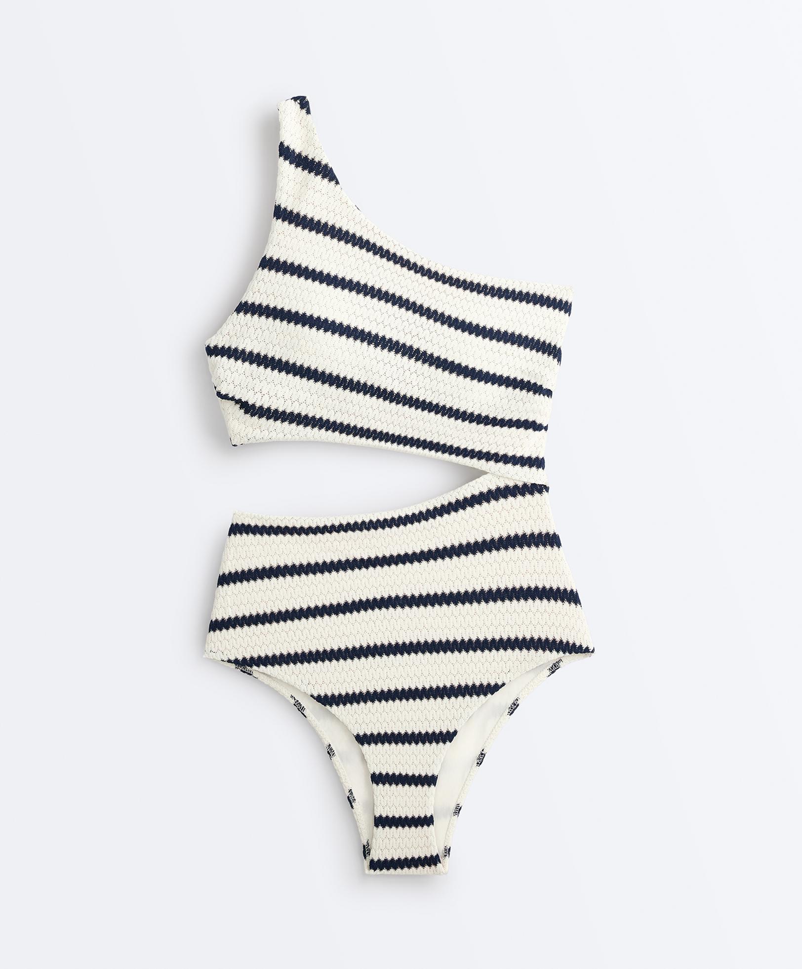 Crochet stripe asymmetric trikini — PALE ECRU