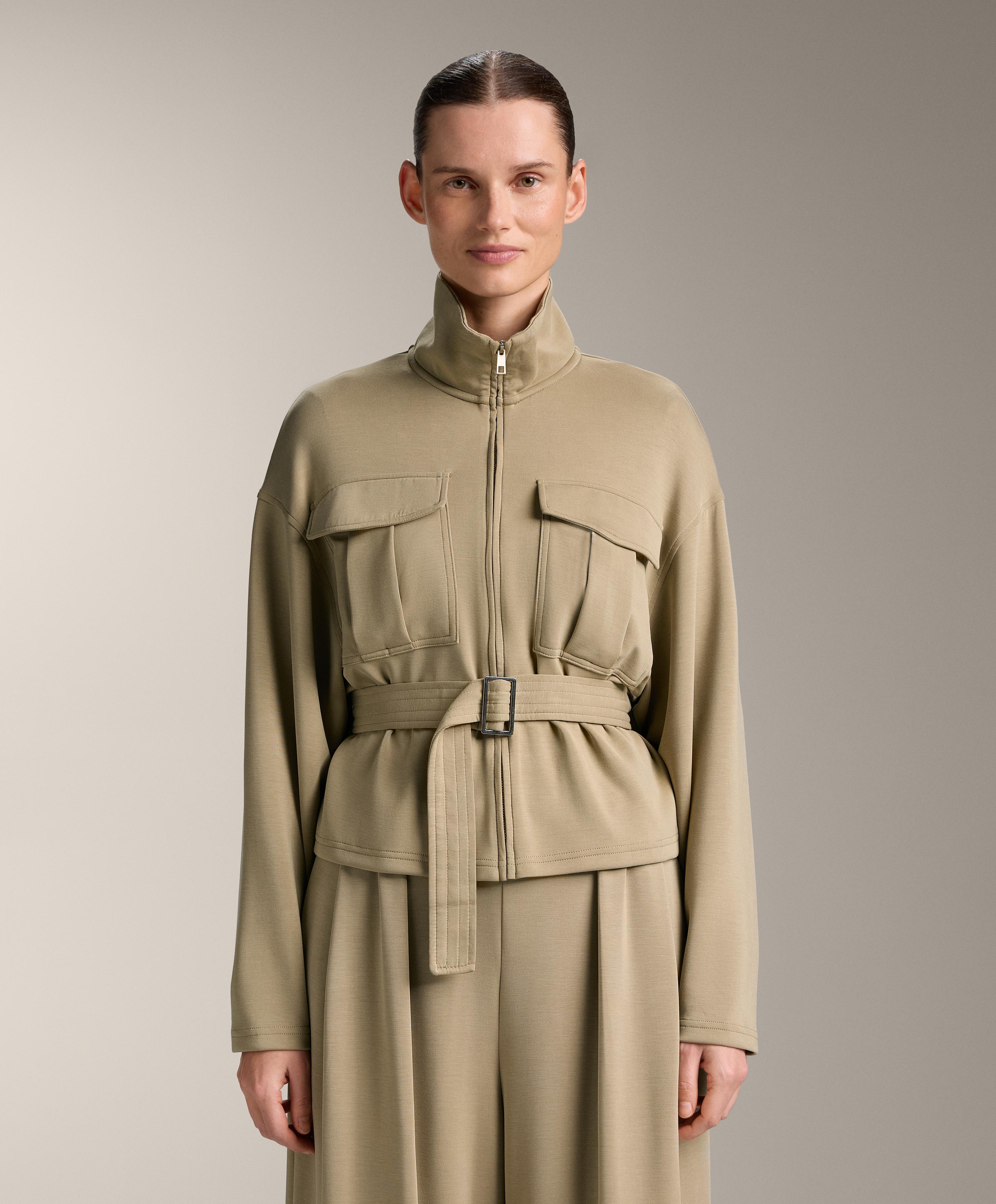 Soft-touch belted jacket with modal — GREEN BEIGE