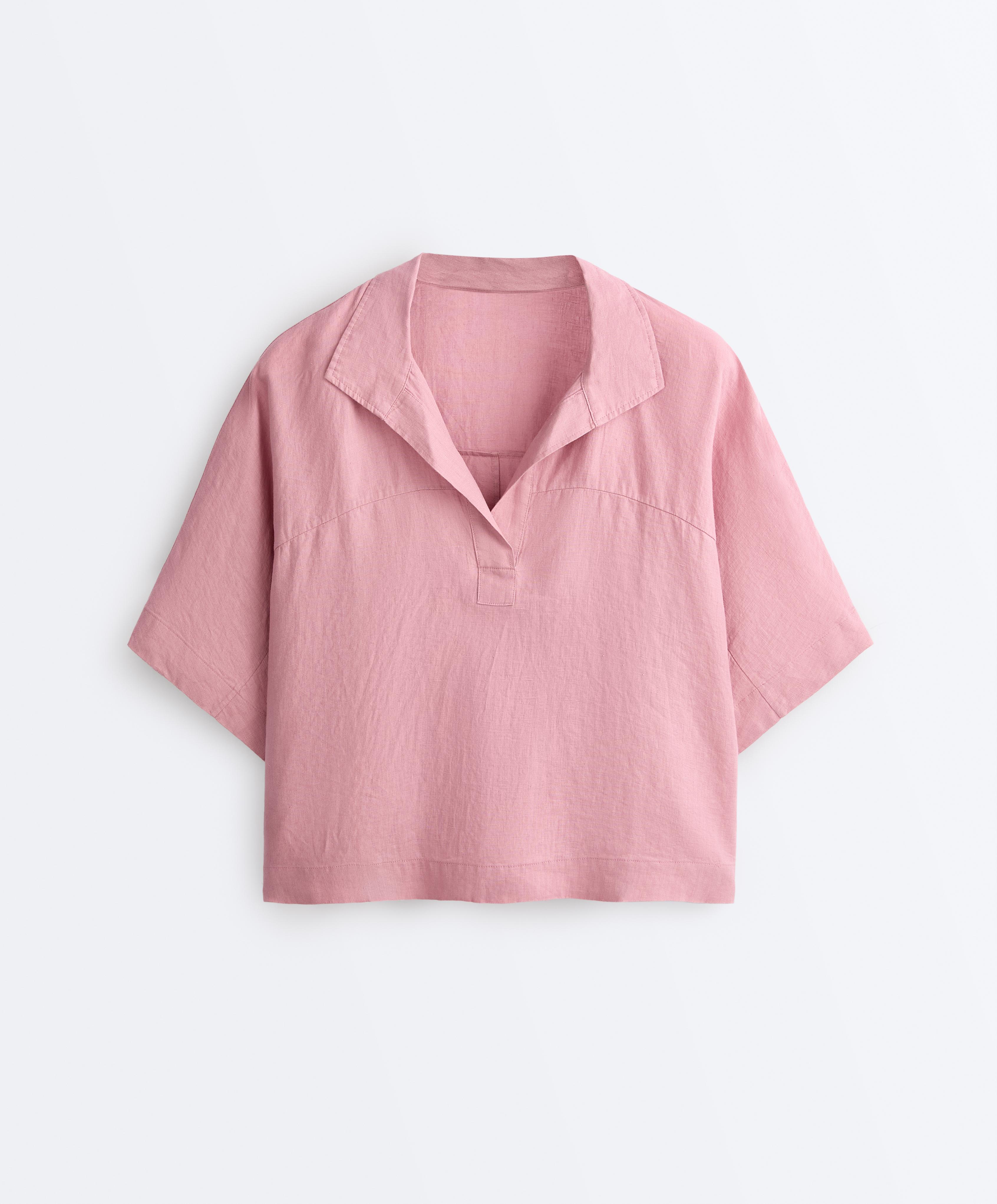 Oversize 100% linen polo shirt — MID-PINK