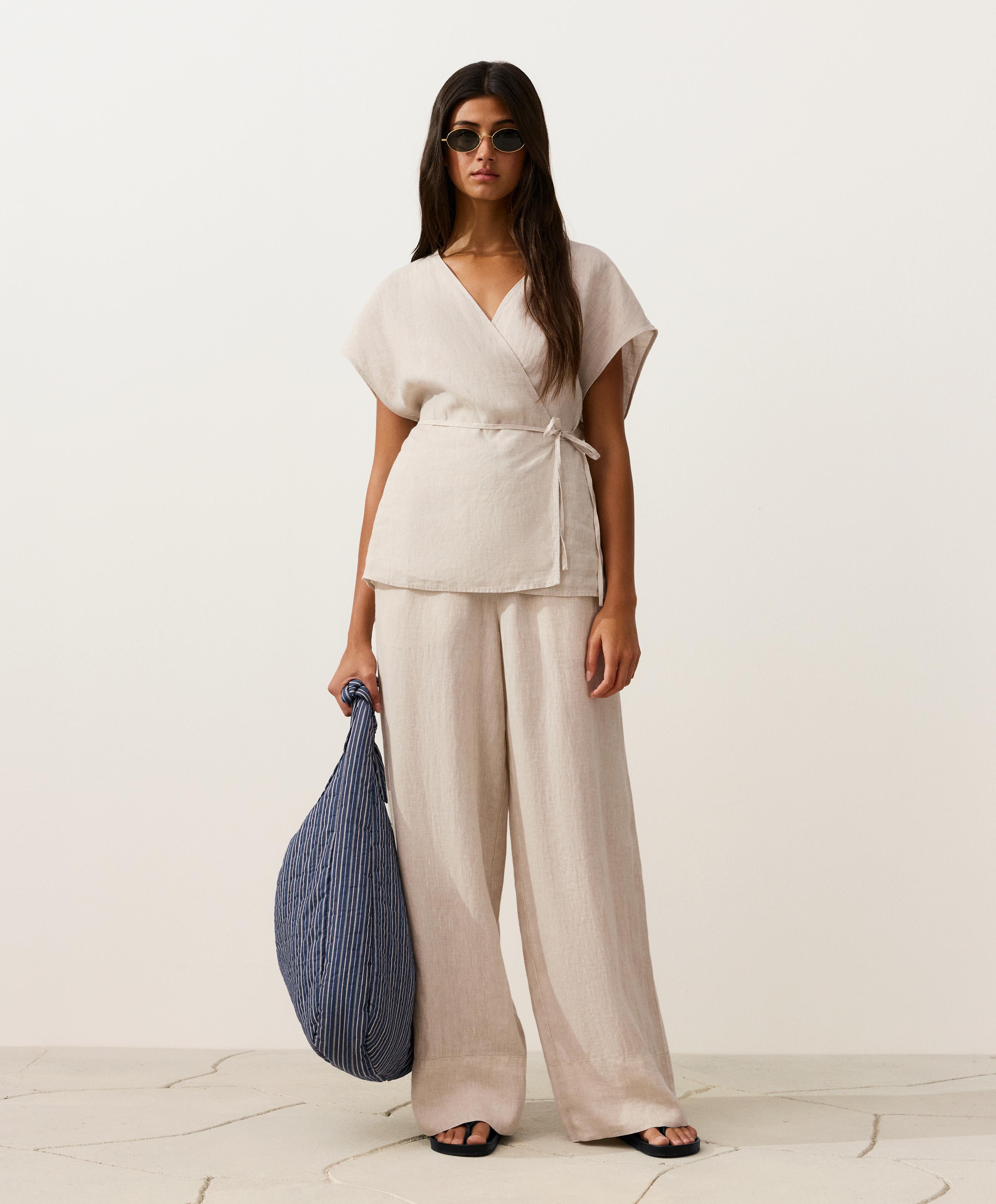 100% linen straight-leg trousers — SAND MELANGE