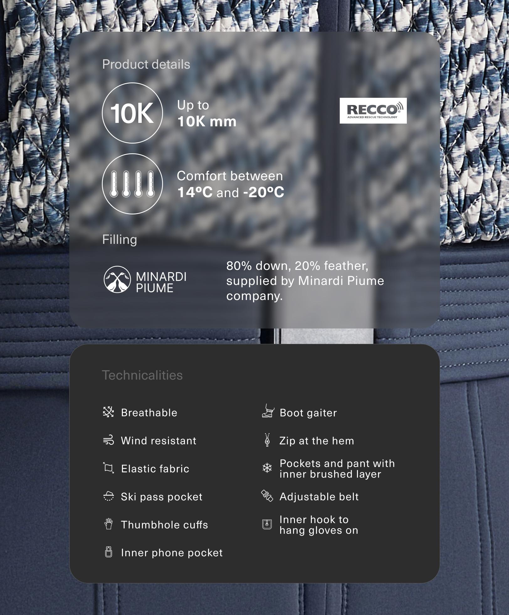 Vandtæt, vatteret heldragt med twist-detalje, 80% dun og 20% fjer, MINARDI PIUME SKI