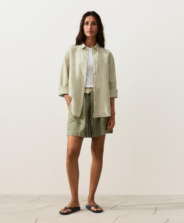 100% linen Bermuda shorts with belt — YELLOW GREEN 5
