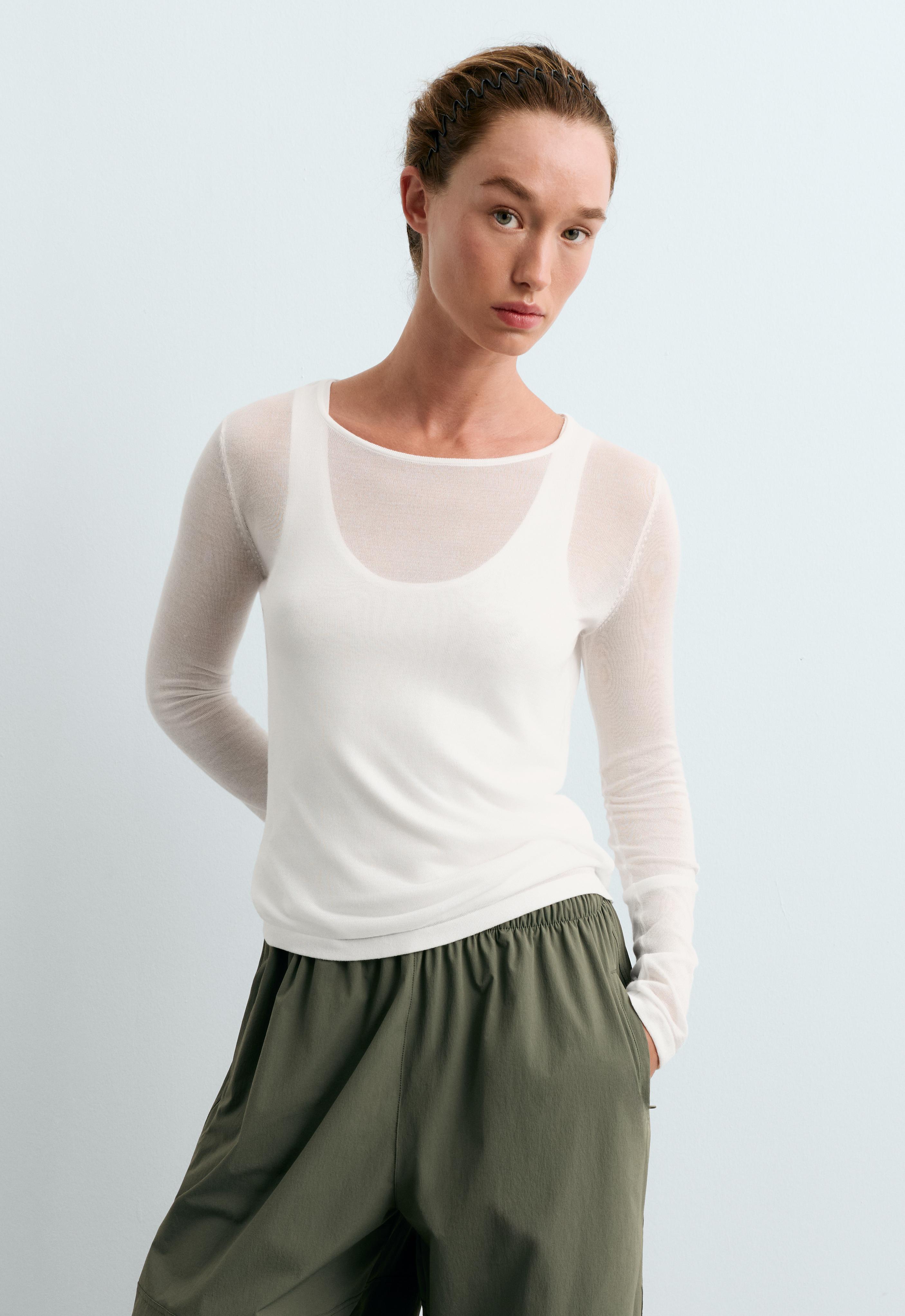 Long-sleeved sheer double-layer top — WHITE