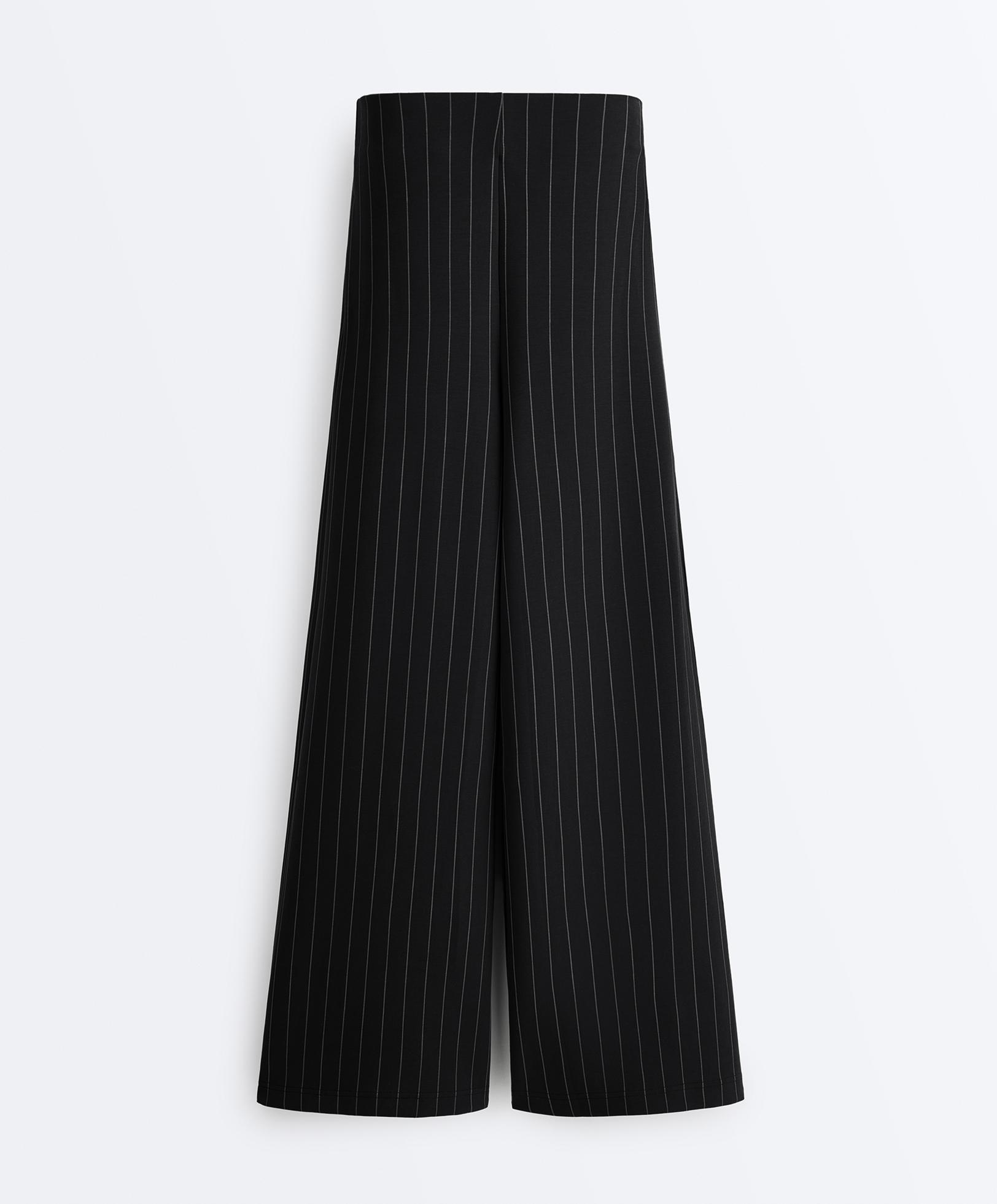 Soft touch pinstripe wide leg high rise trousers — BLACK