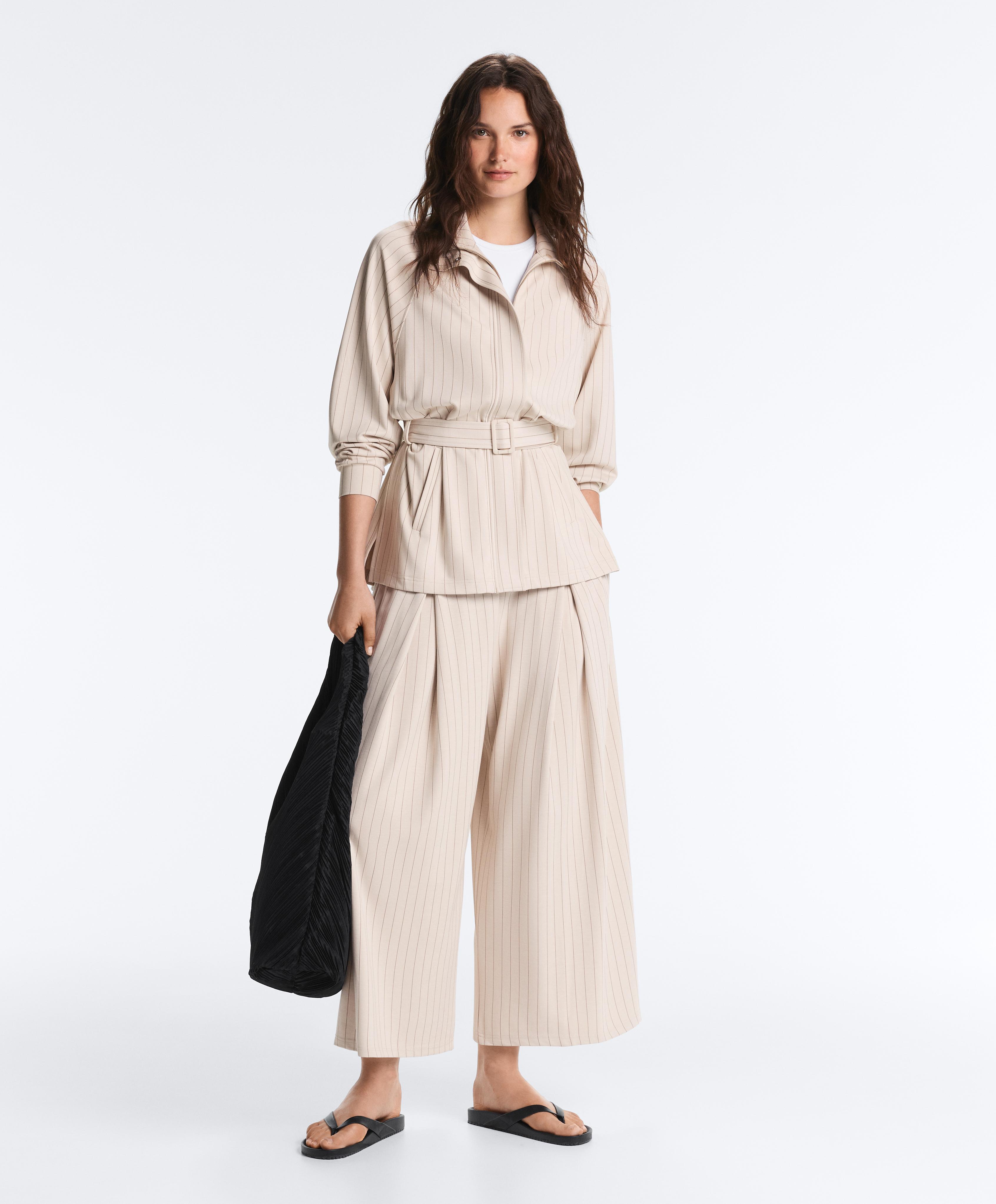 Striped soft-touch belted jacket — SANDY