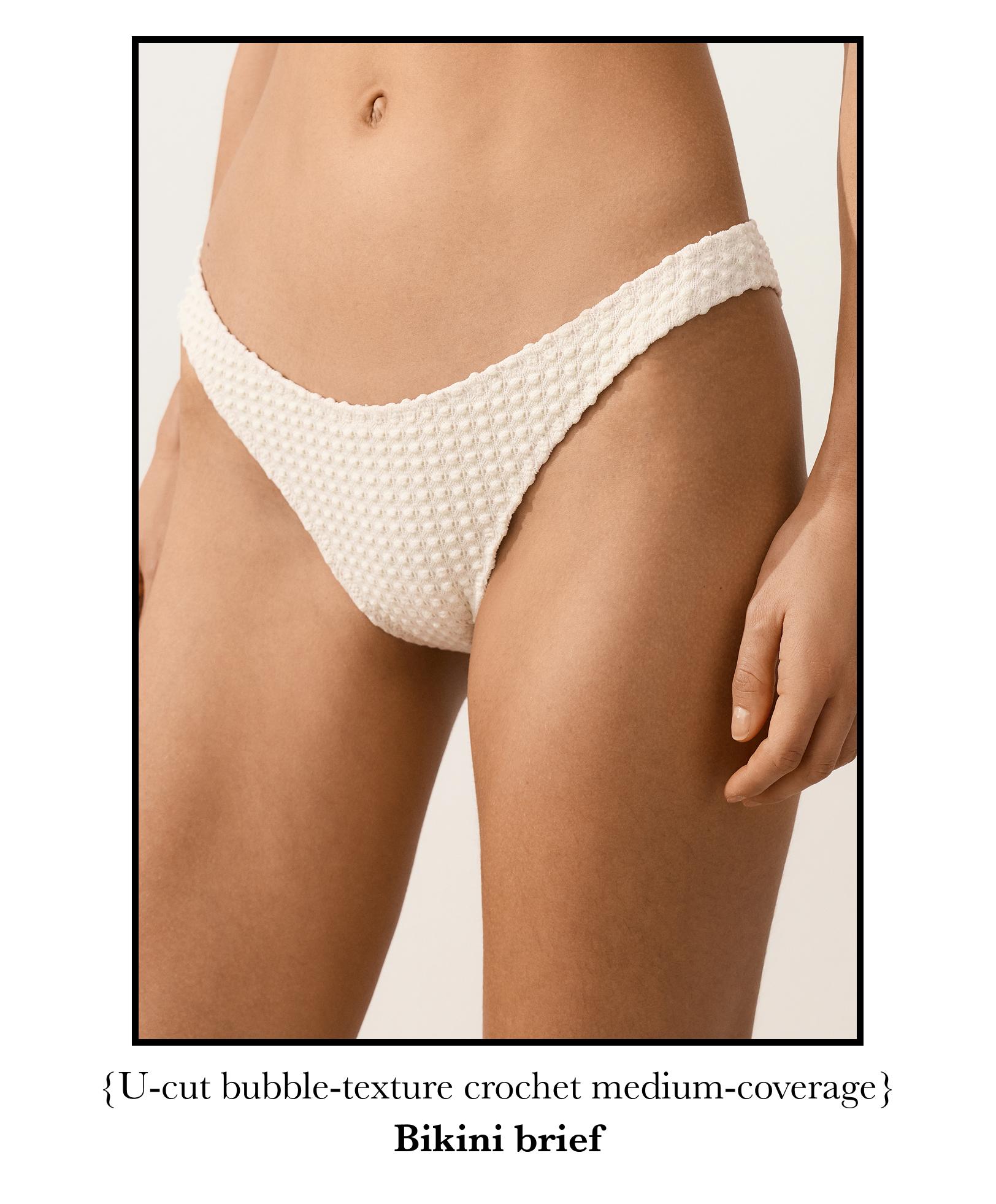 U-cut bubble-texture crochet medium-coverage bikini briefs — ECRU
