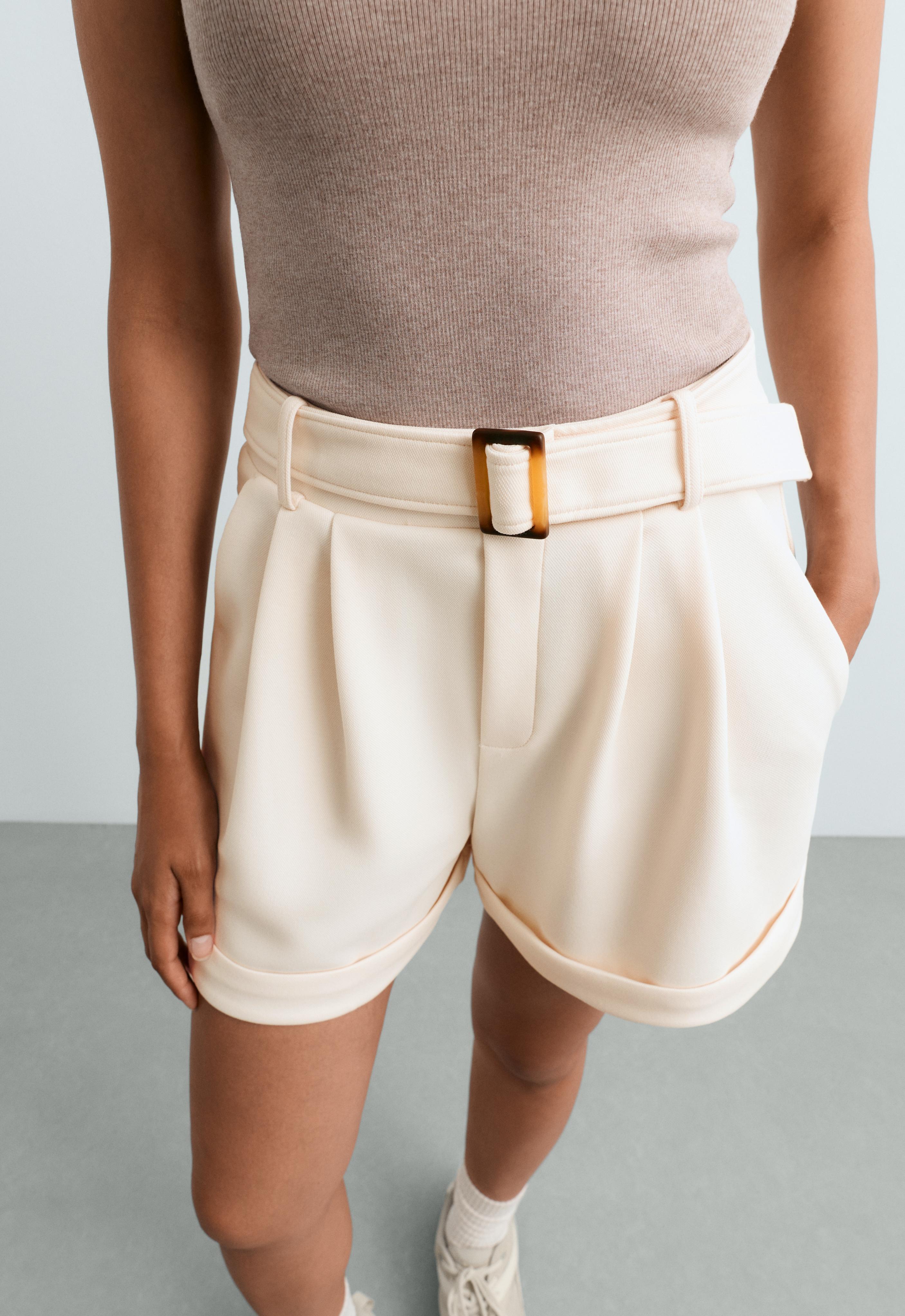 Cotton piqué belted shorts — PALE ECRU