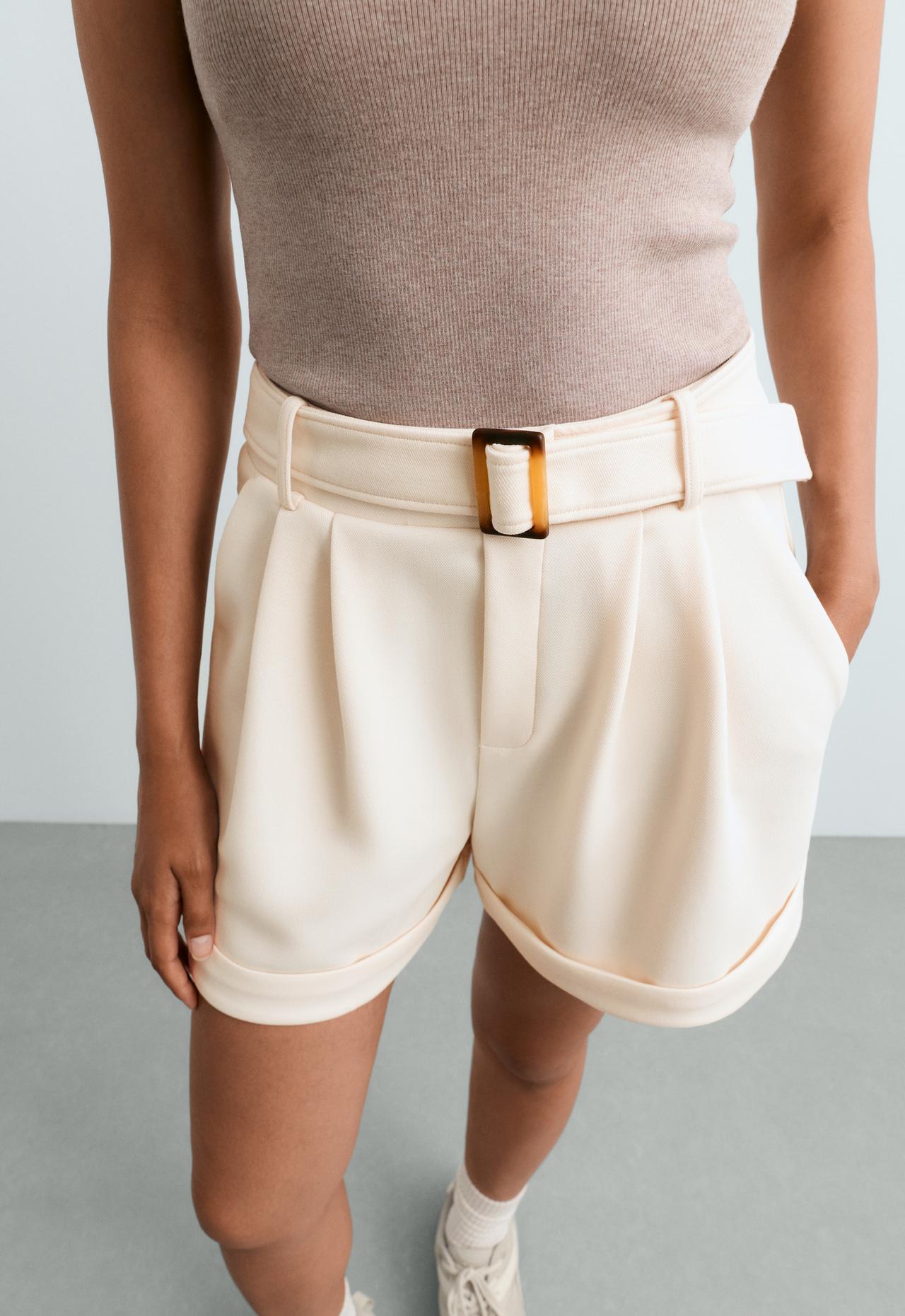 Cotton piqué belted shorts — PALE ECRU