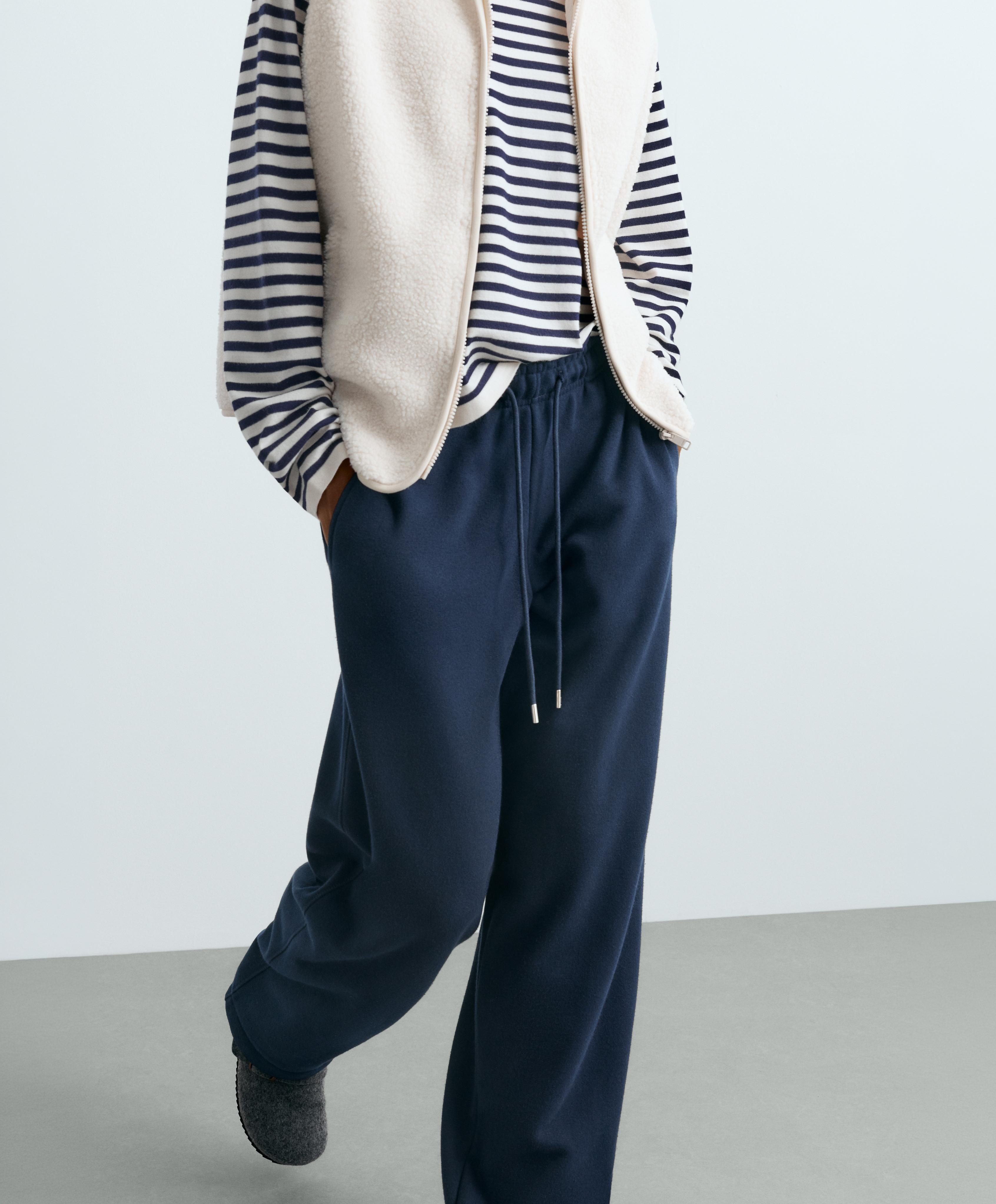 Cotton blend fleece straight-leg trousers — NAVY BLUE