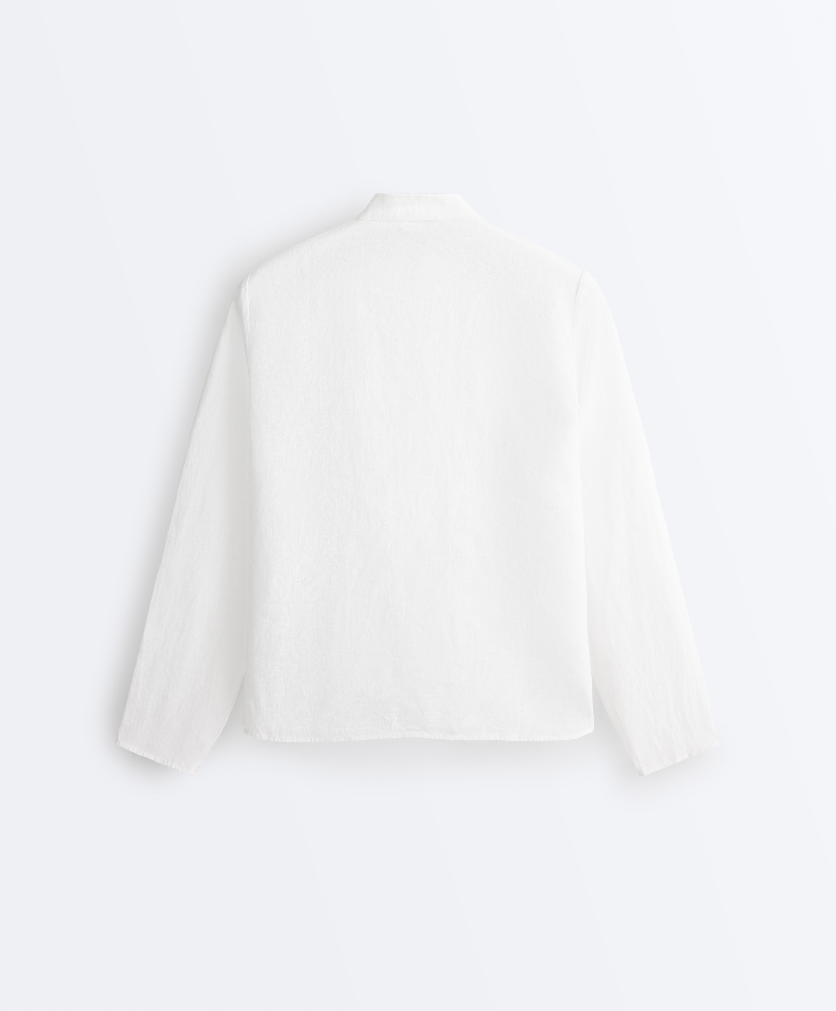 100% linen stand-up collar shirt — WHITE