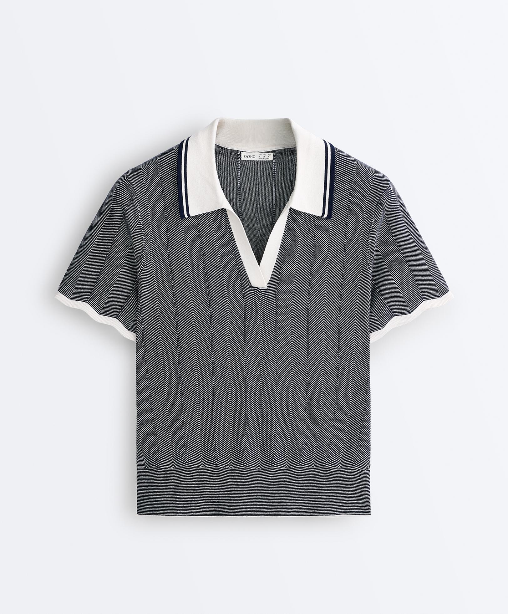 Herringbone short sleeve knit polo shirt — NAVY BLUE