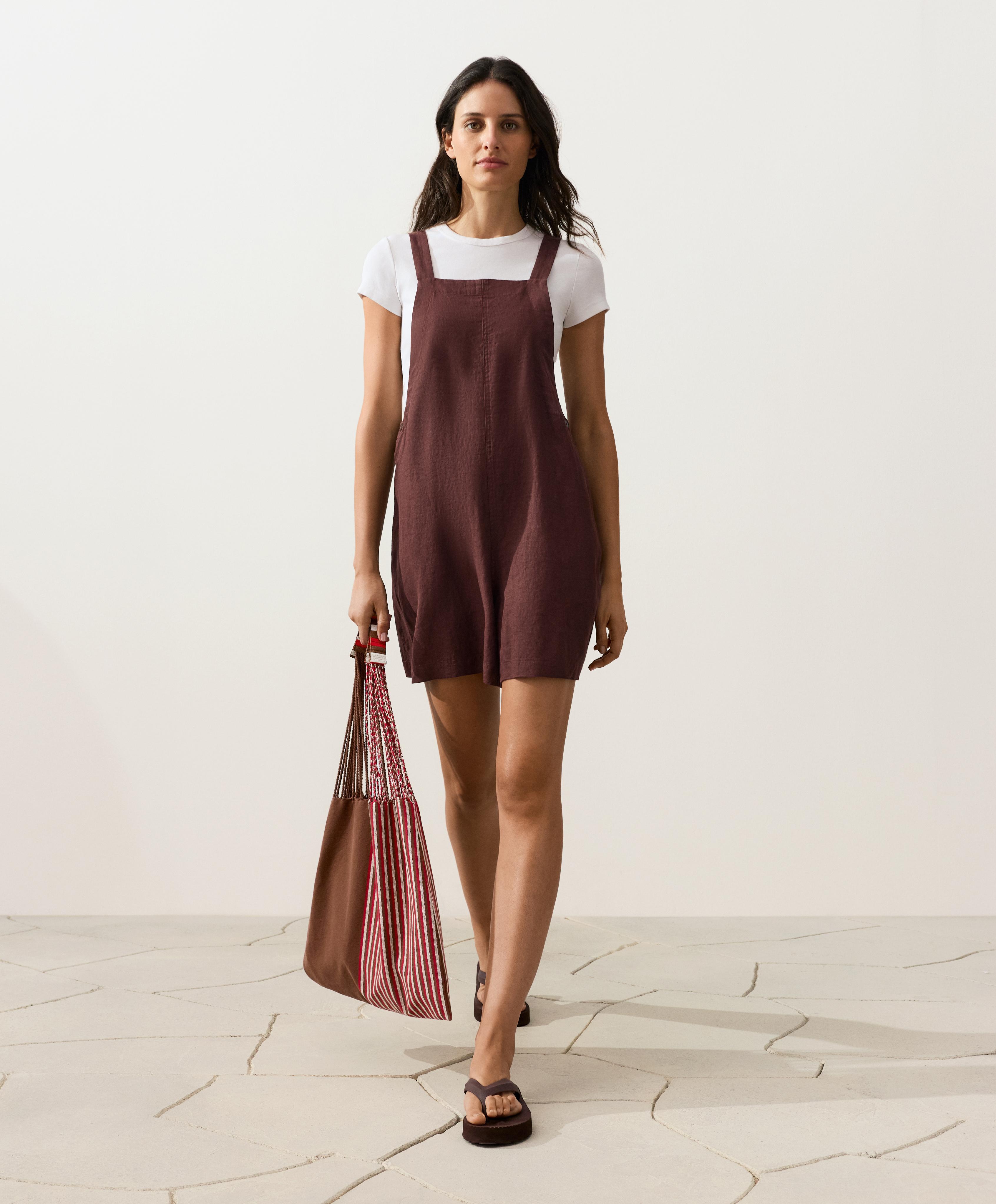 Short strappy 100% linen jumpsuit — CHOCOLATE