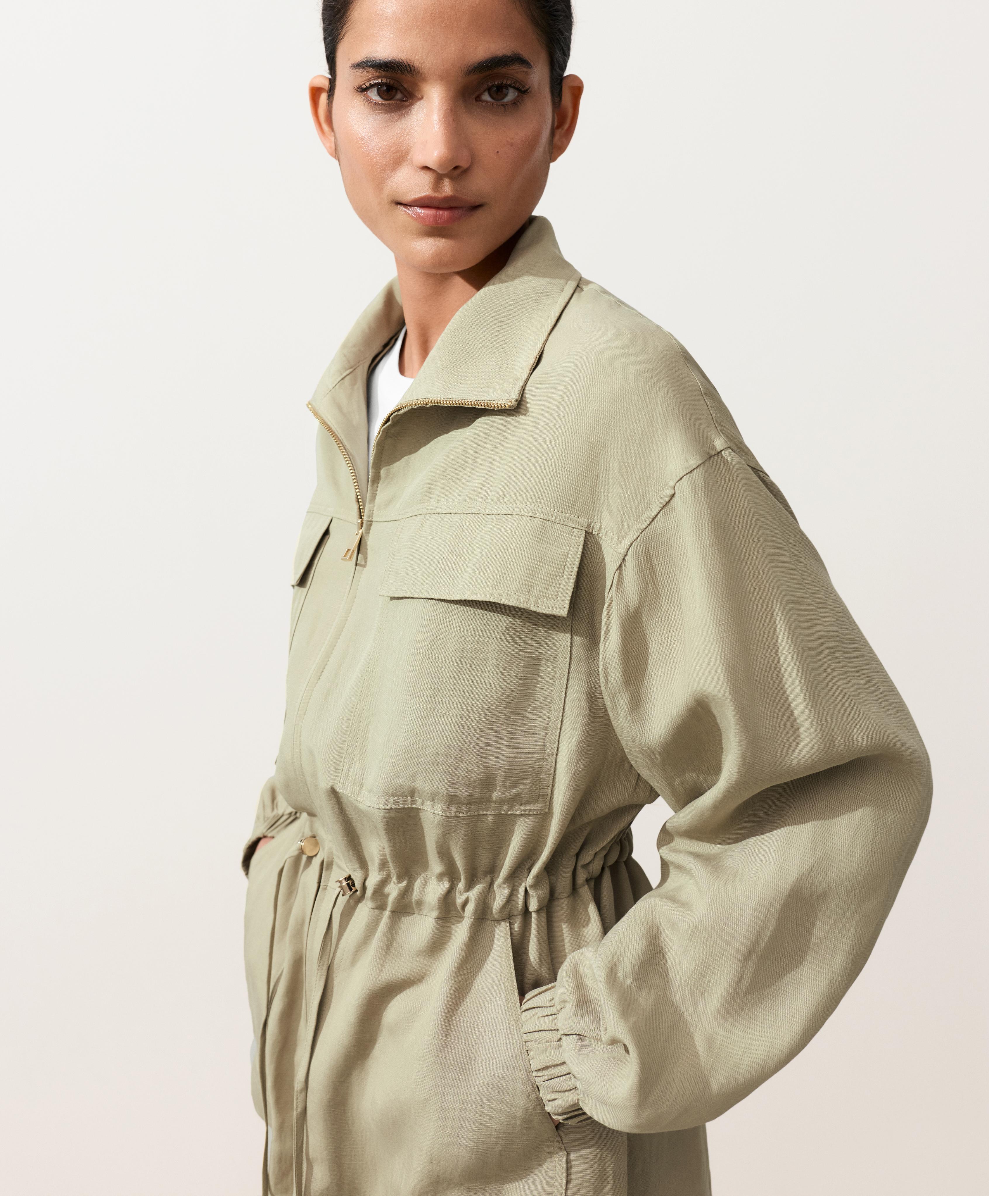 Lyocell and 24% linen blend ruched waist jacket — GREEN BEIGE