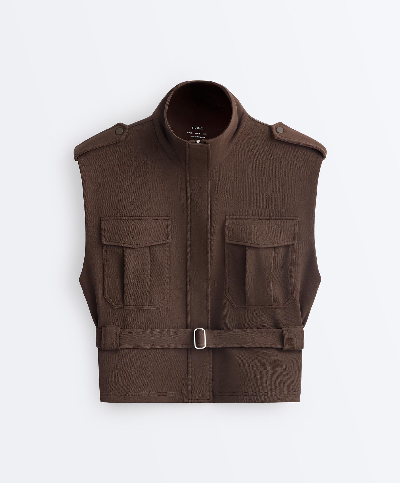Utility piqué gilet with cotton belt — DARK BROWN