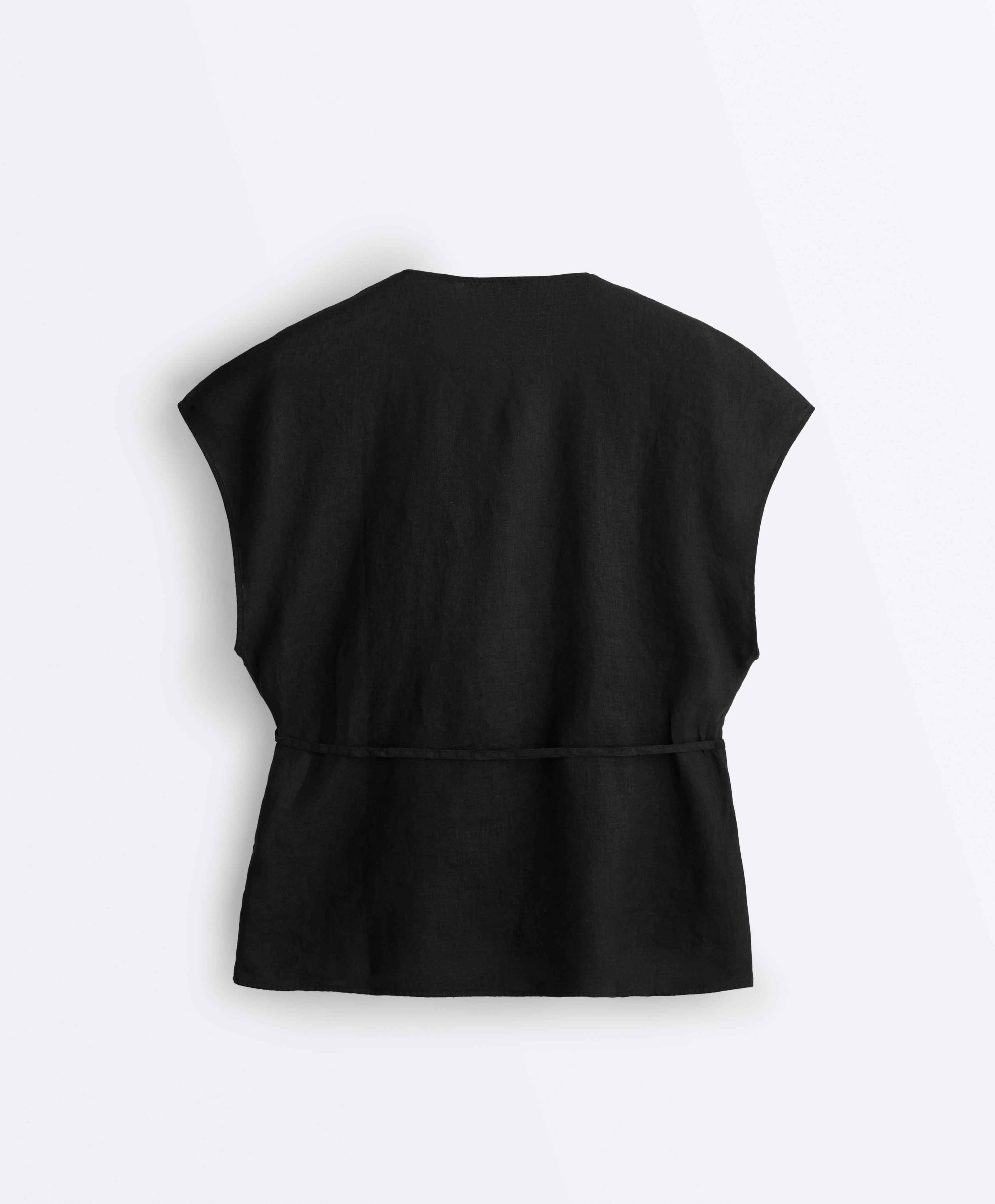100% linen wrap shirt with tie — BLACK