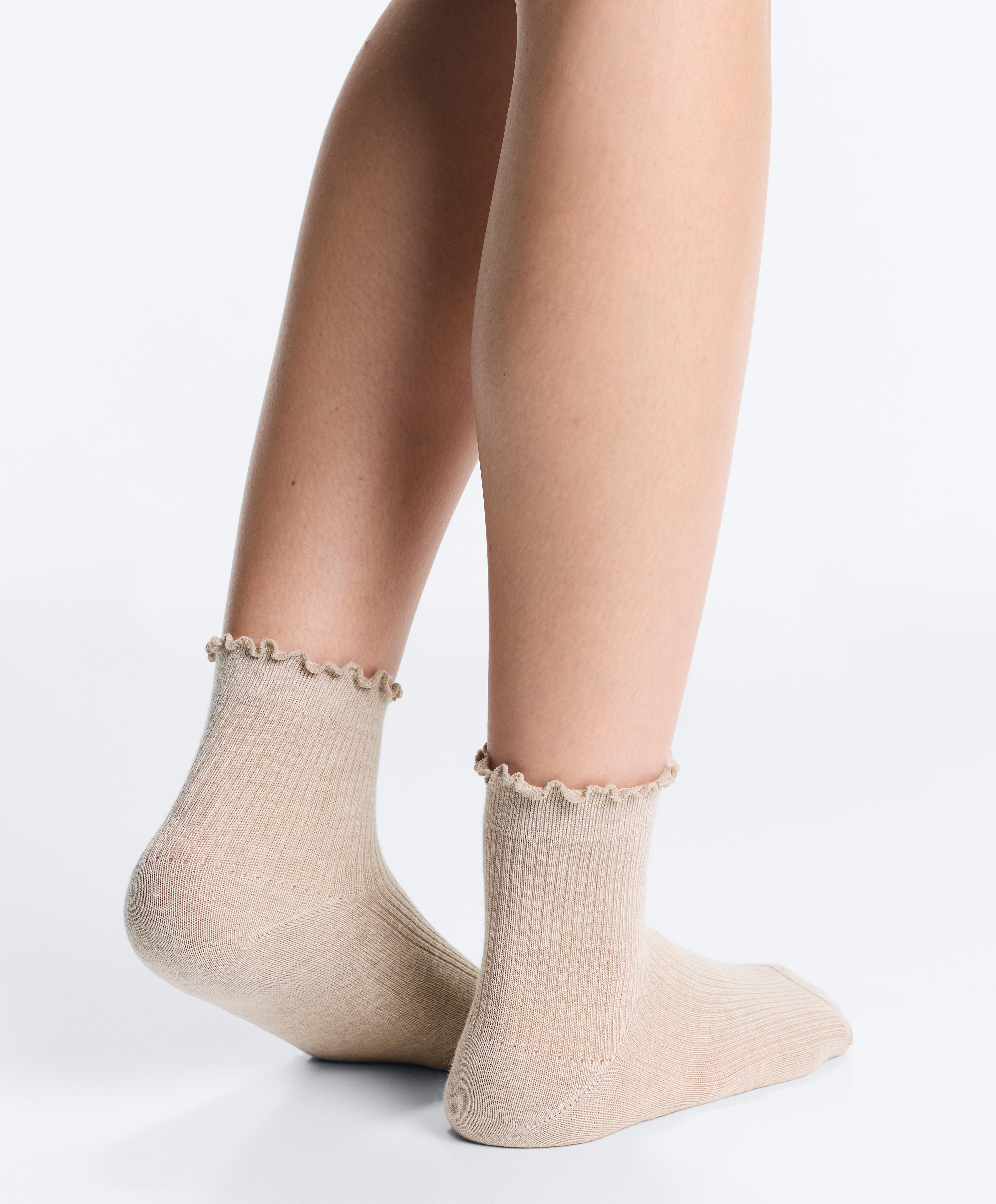 3 pairs of cotton blend quarter socks with curled edge — CHOCOLATE      