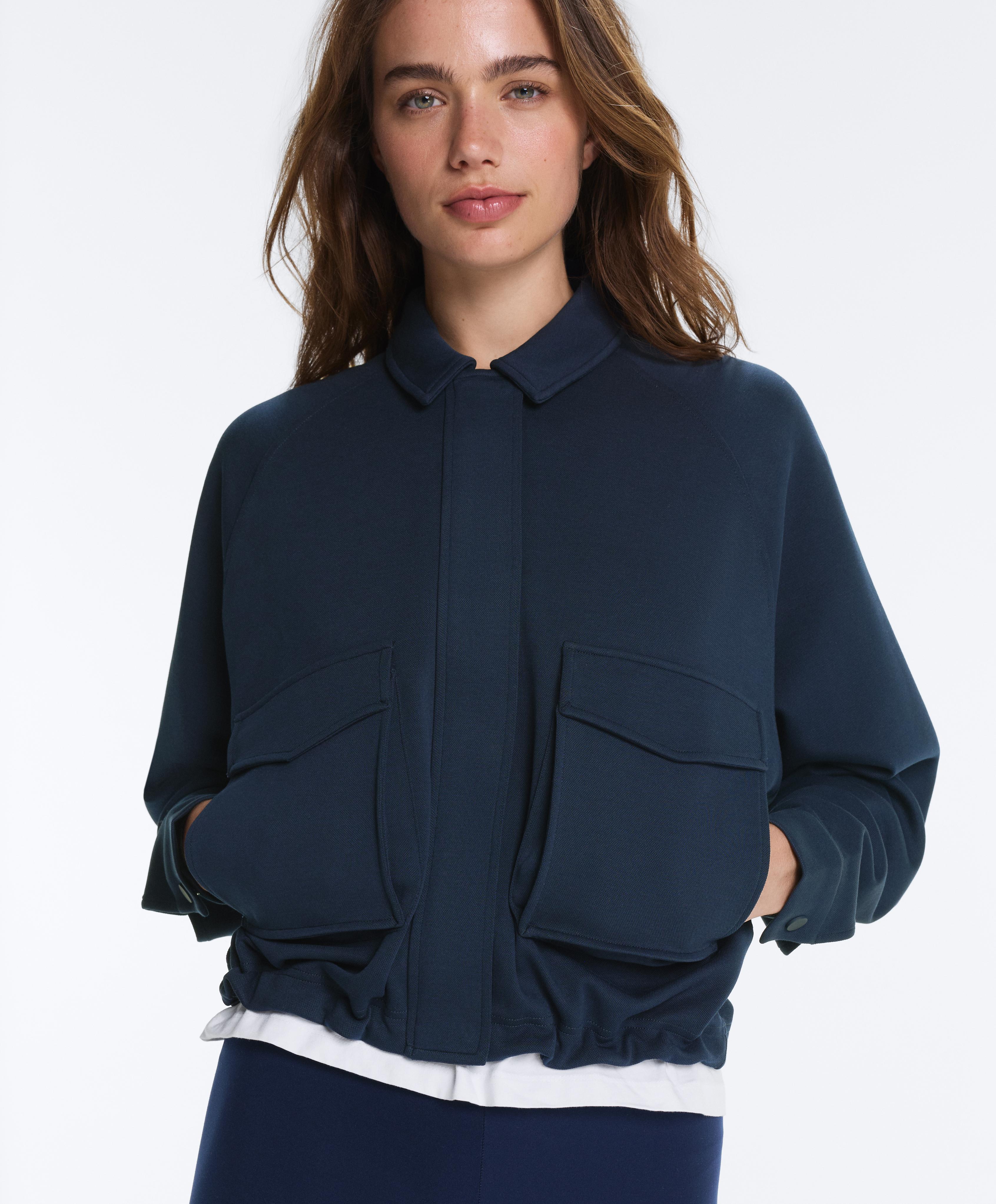 Piqué cotton V-neck raglan sleeve jacket