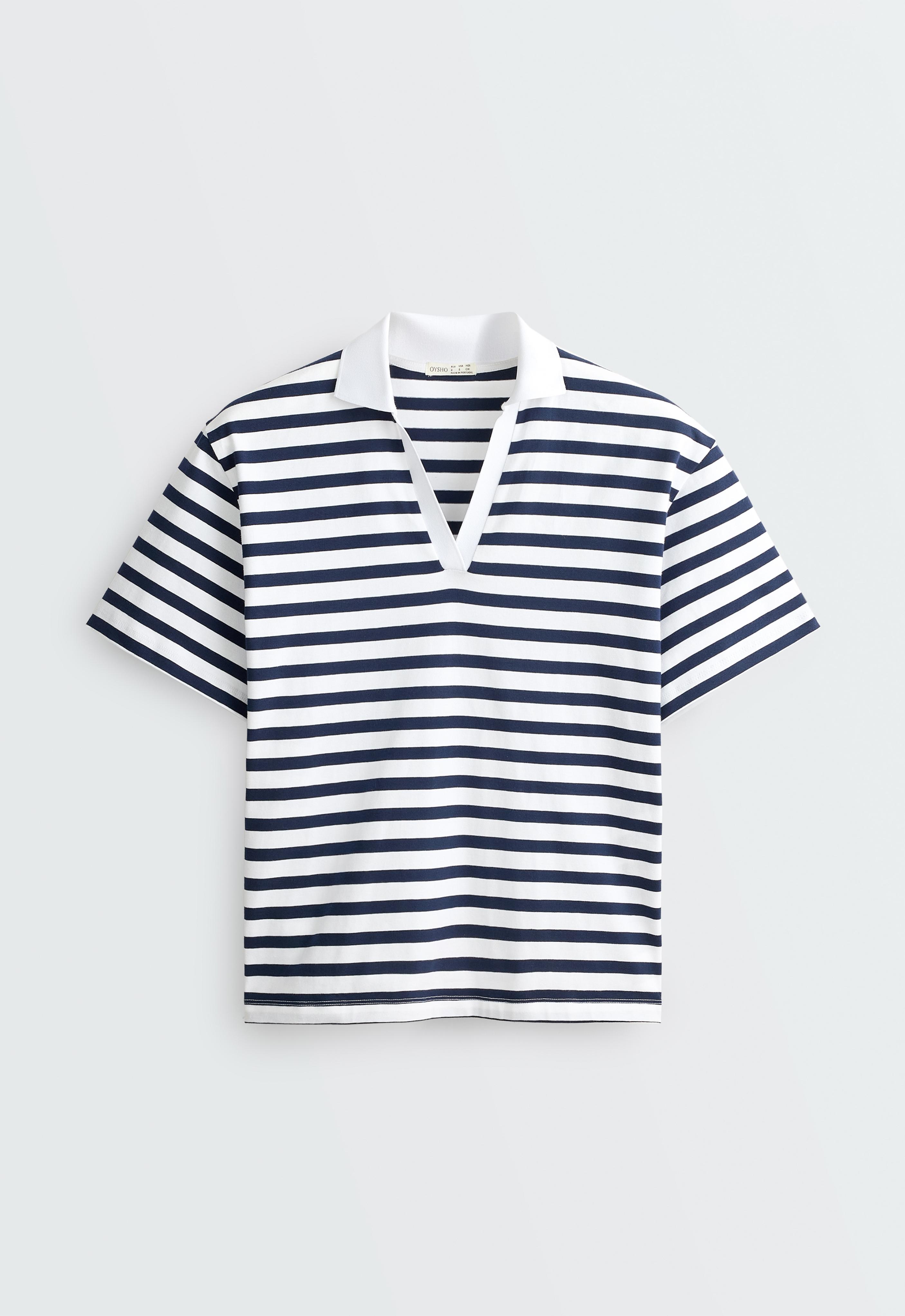 Boxy short-sleeved polo neck cotton blend T-shirt — NAVY BLUE
