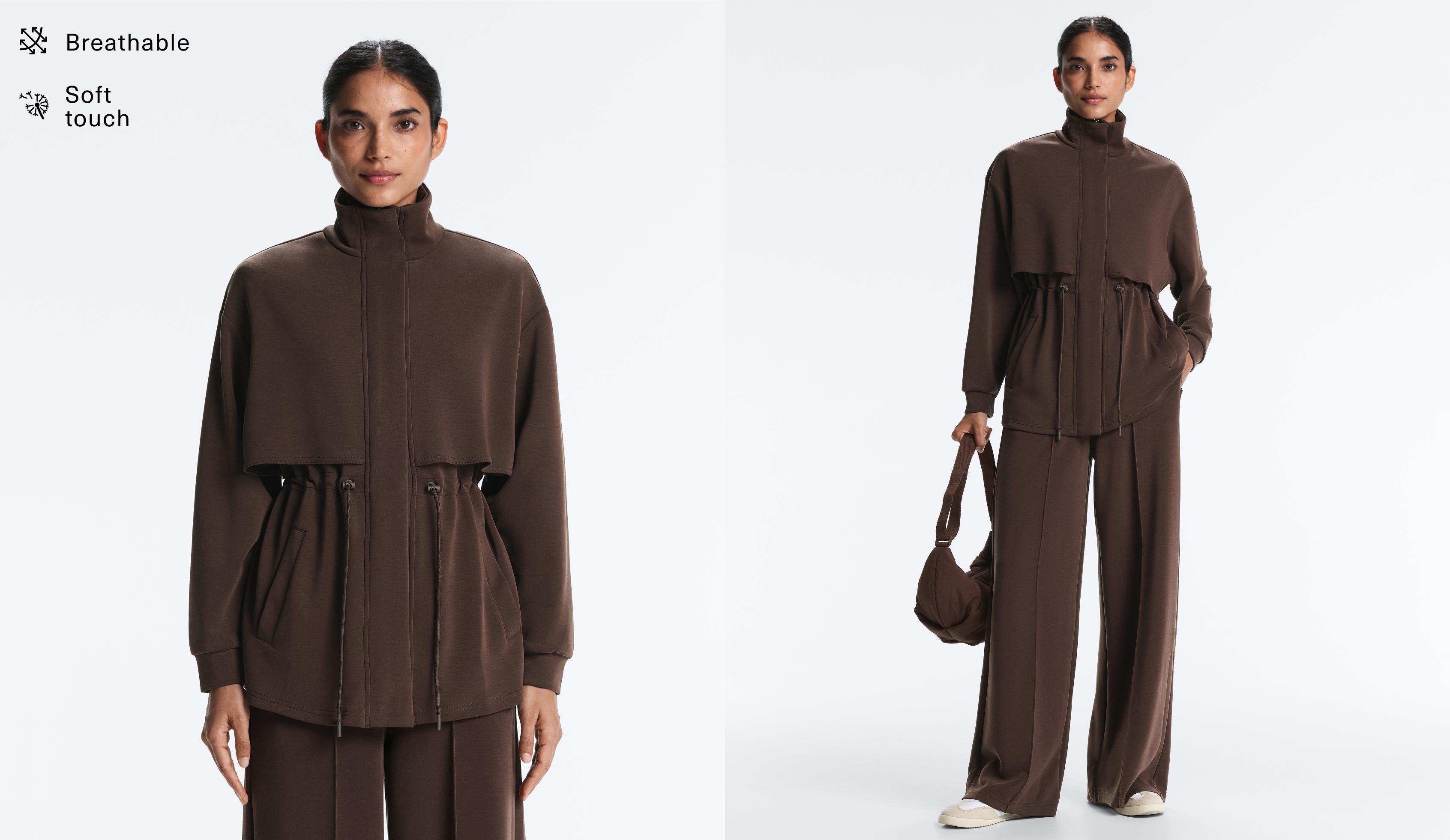 Long soft-touch jacket with modal and pockets — BROWN