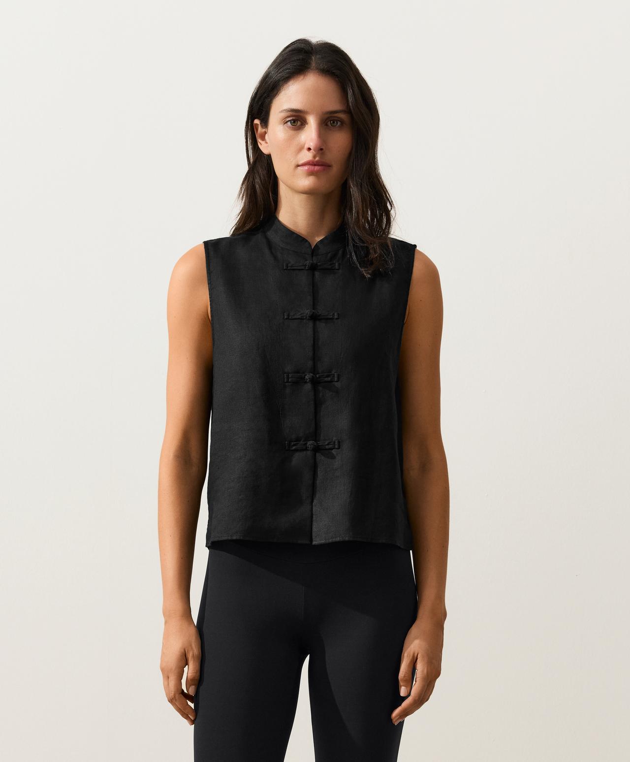 100% linen sleeveless stand-up collar shirt — BLACK