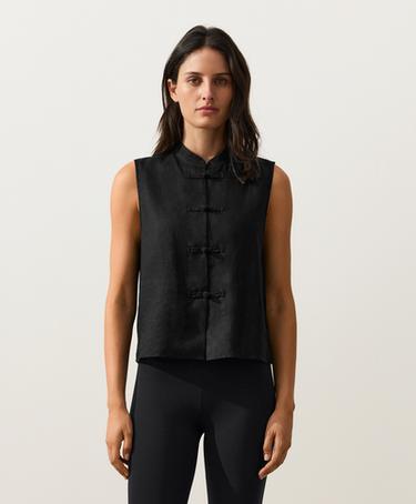 100% linen sleeveless stand-up collar shirt — BLACK 1