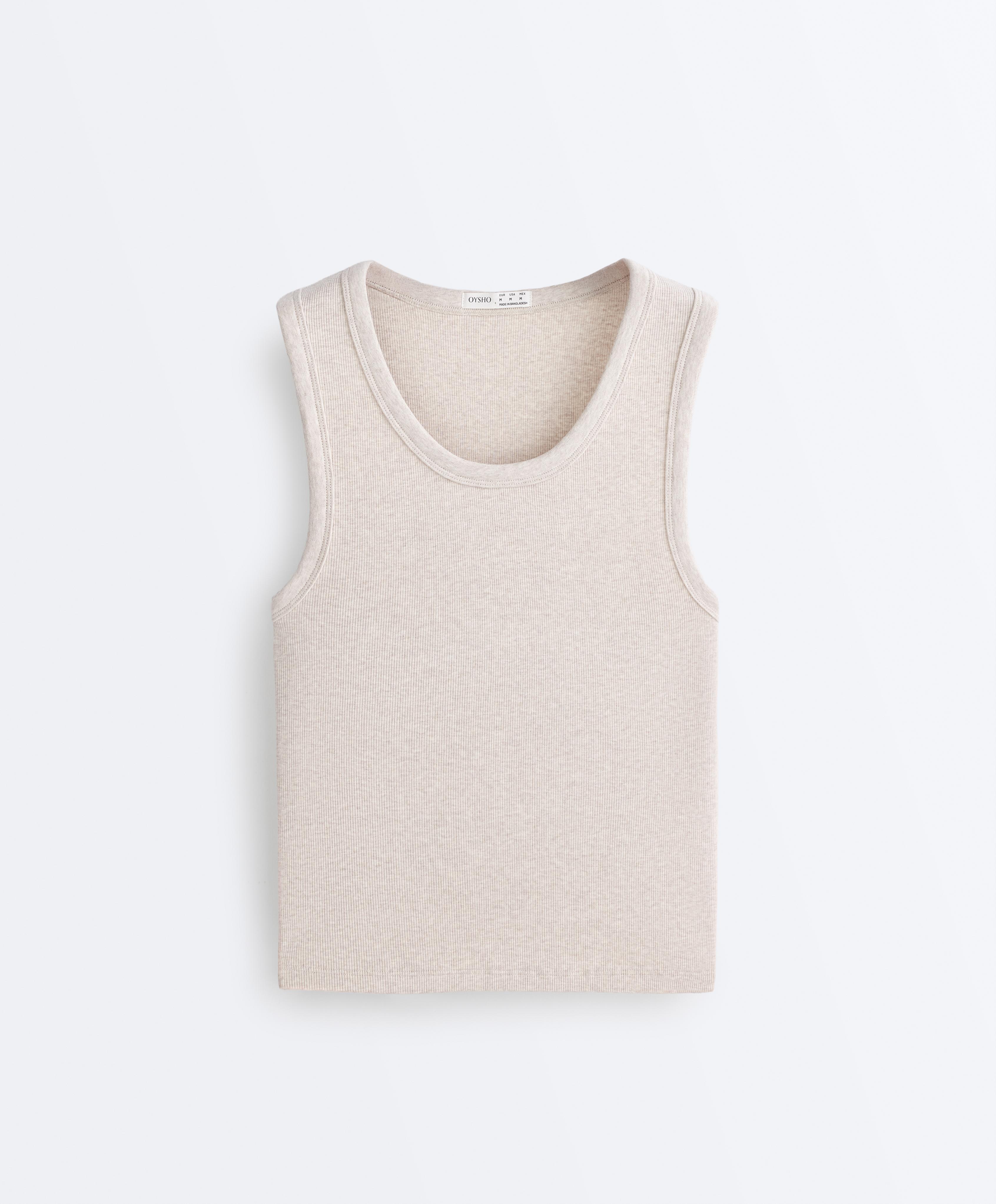 Rib T-shirt with wide straps, cotton and modal — SAND MELANGE
