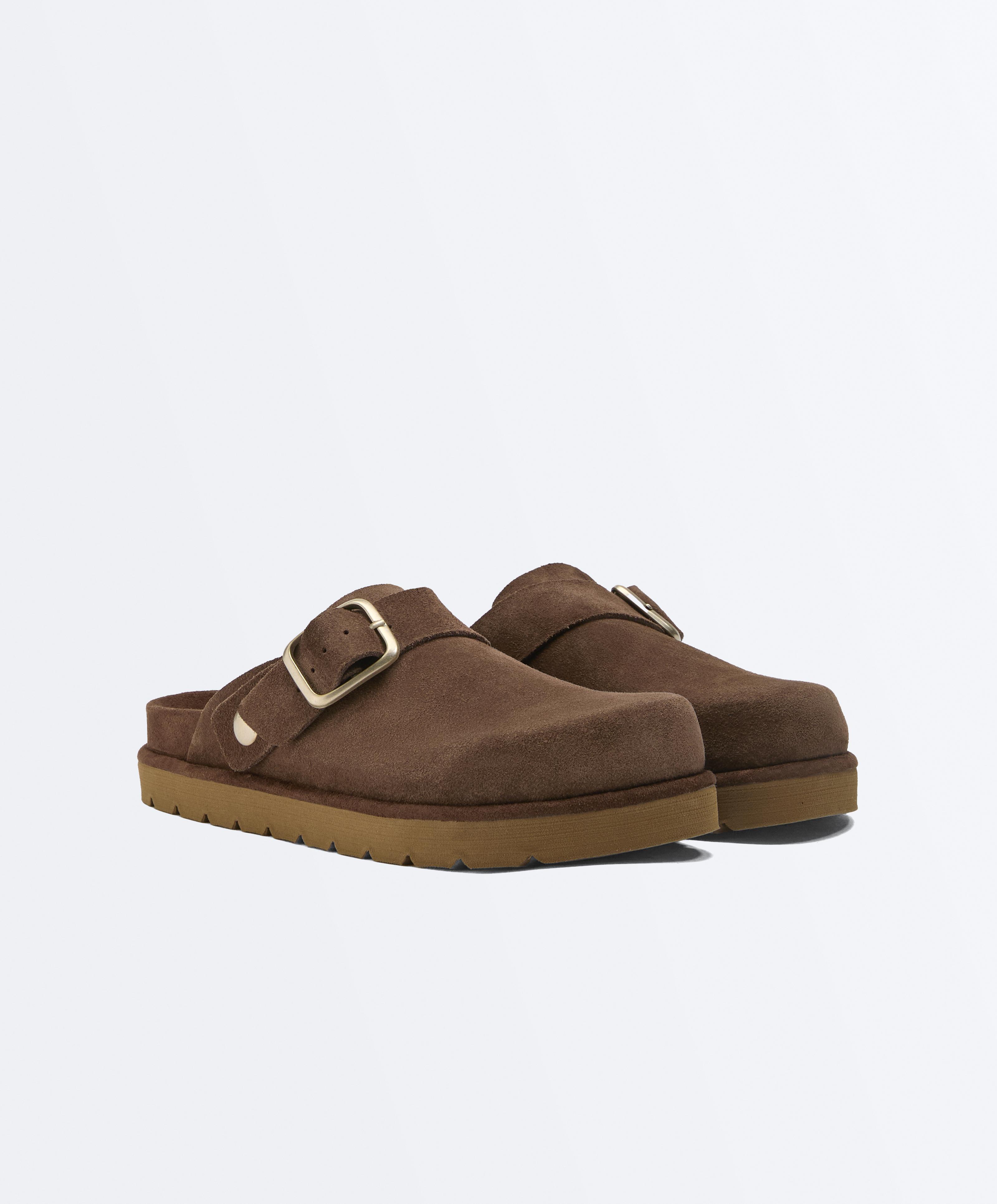 Buckled split-leather mules — BROWN