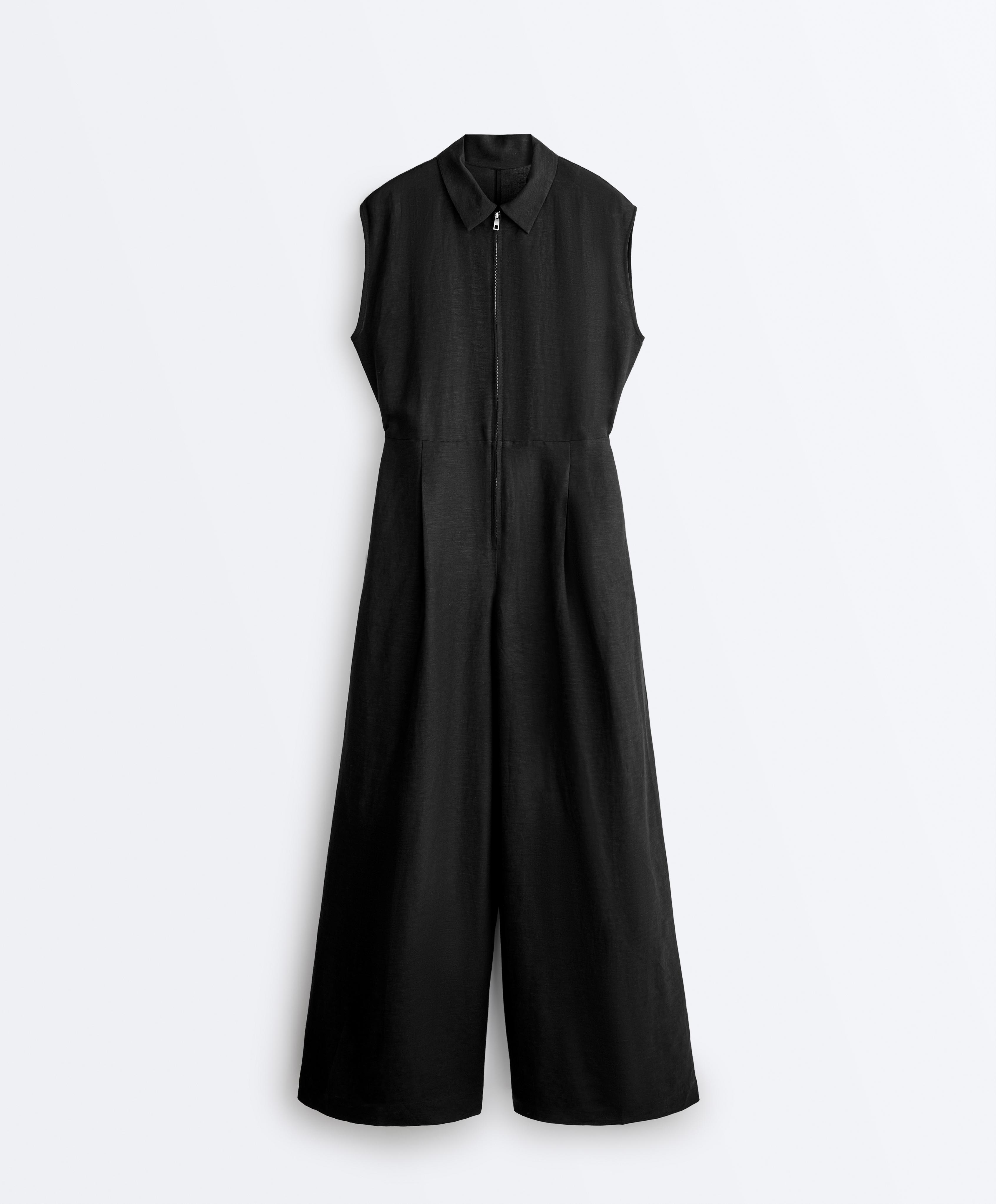 Linen long jumpsuit with lapel collar — BLACK