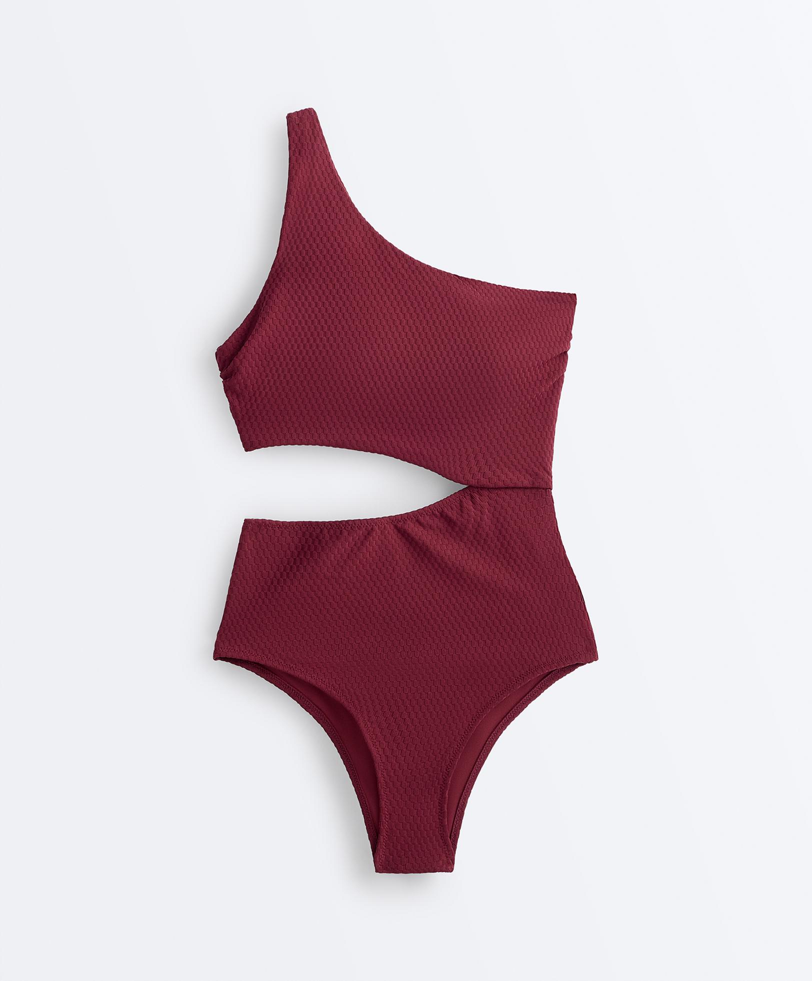 Mini check jacquard asymmetric trikini — CHERRY