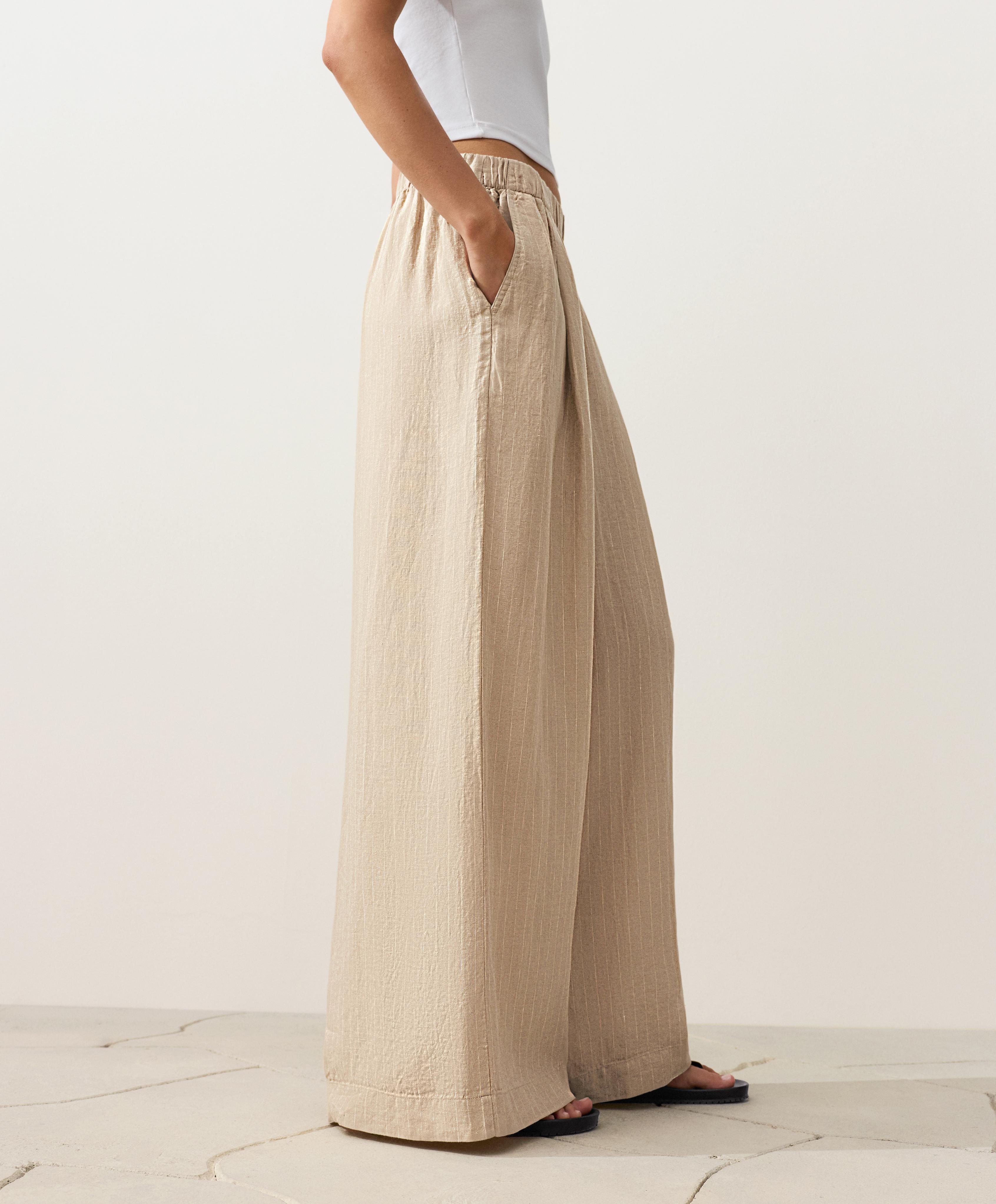 100% linen wide-leg striped trousers — SANDY