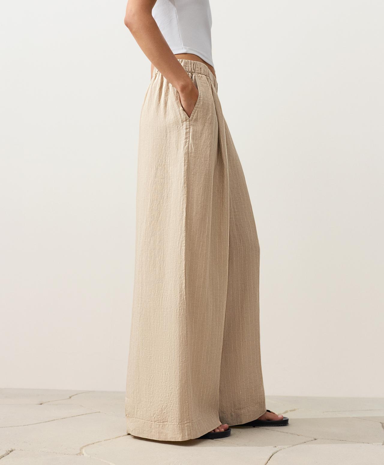 100% linen wide-leg striped trousers — SANDY          