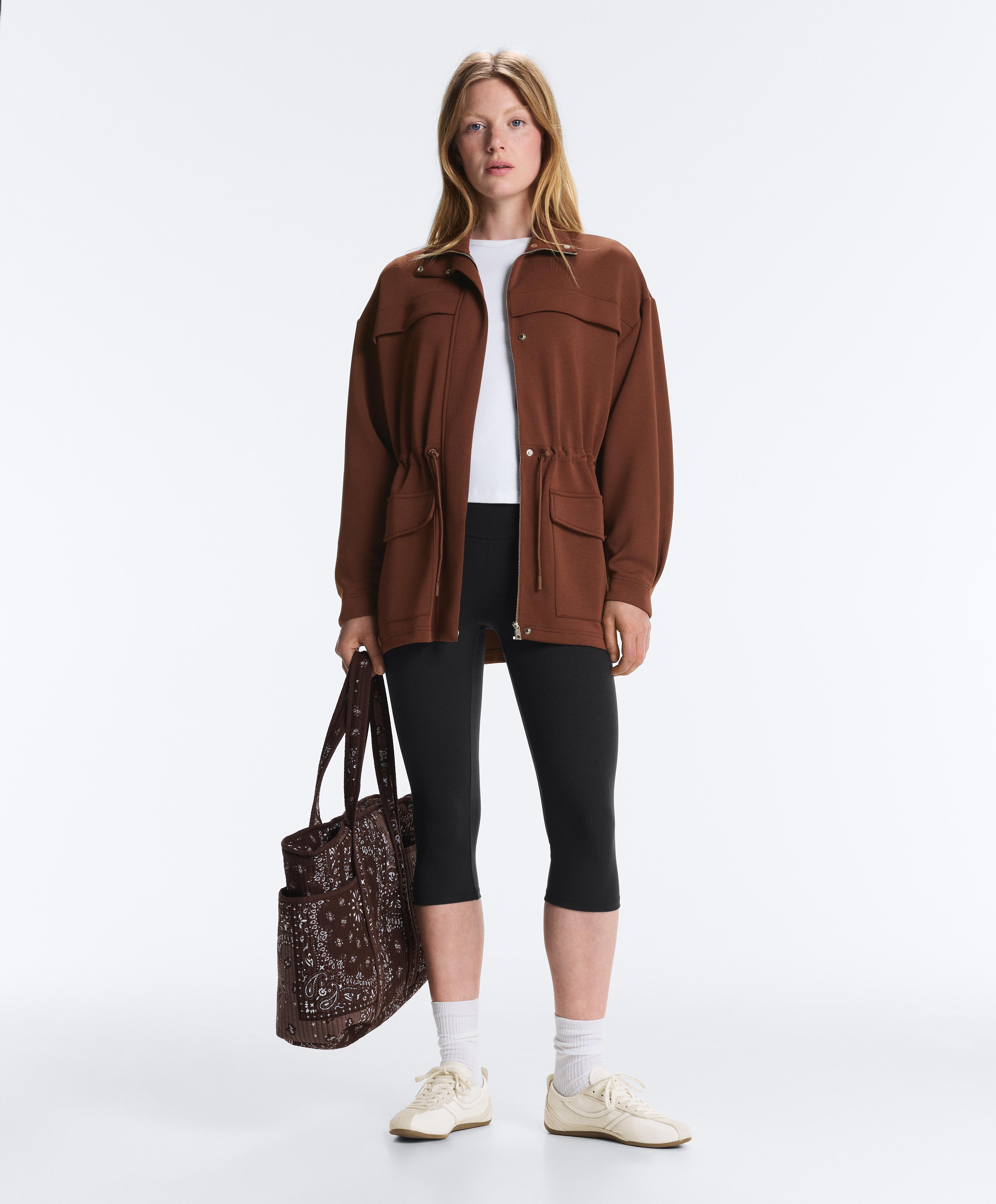 Long soft-touch modal jacket with pockets — COFFEE