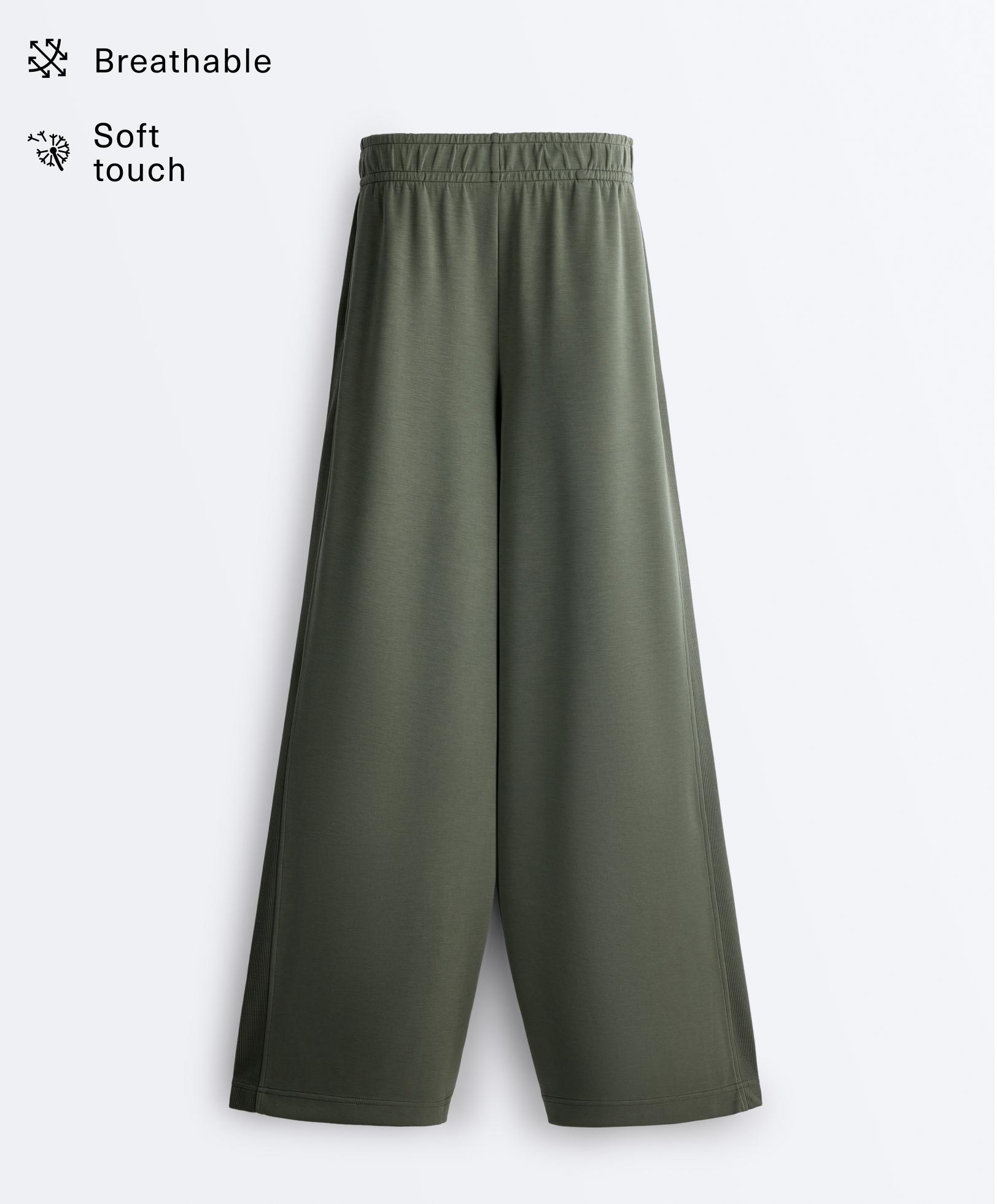Soft-touch modal wide straight-leg rib trousers — KHAKI
