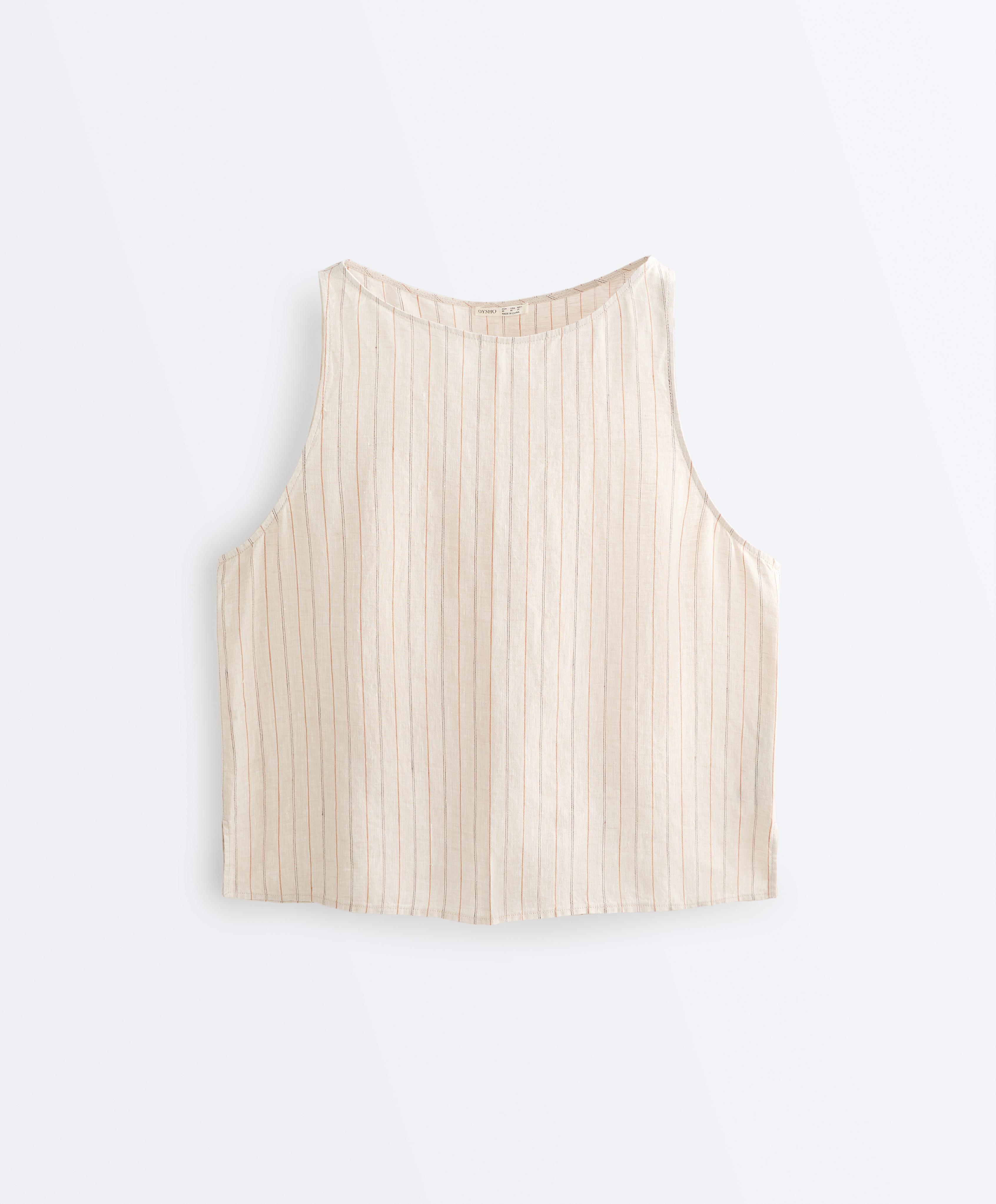 100% linen striped square top — SAND MELANGE