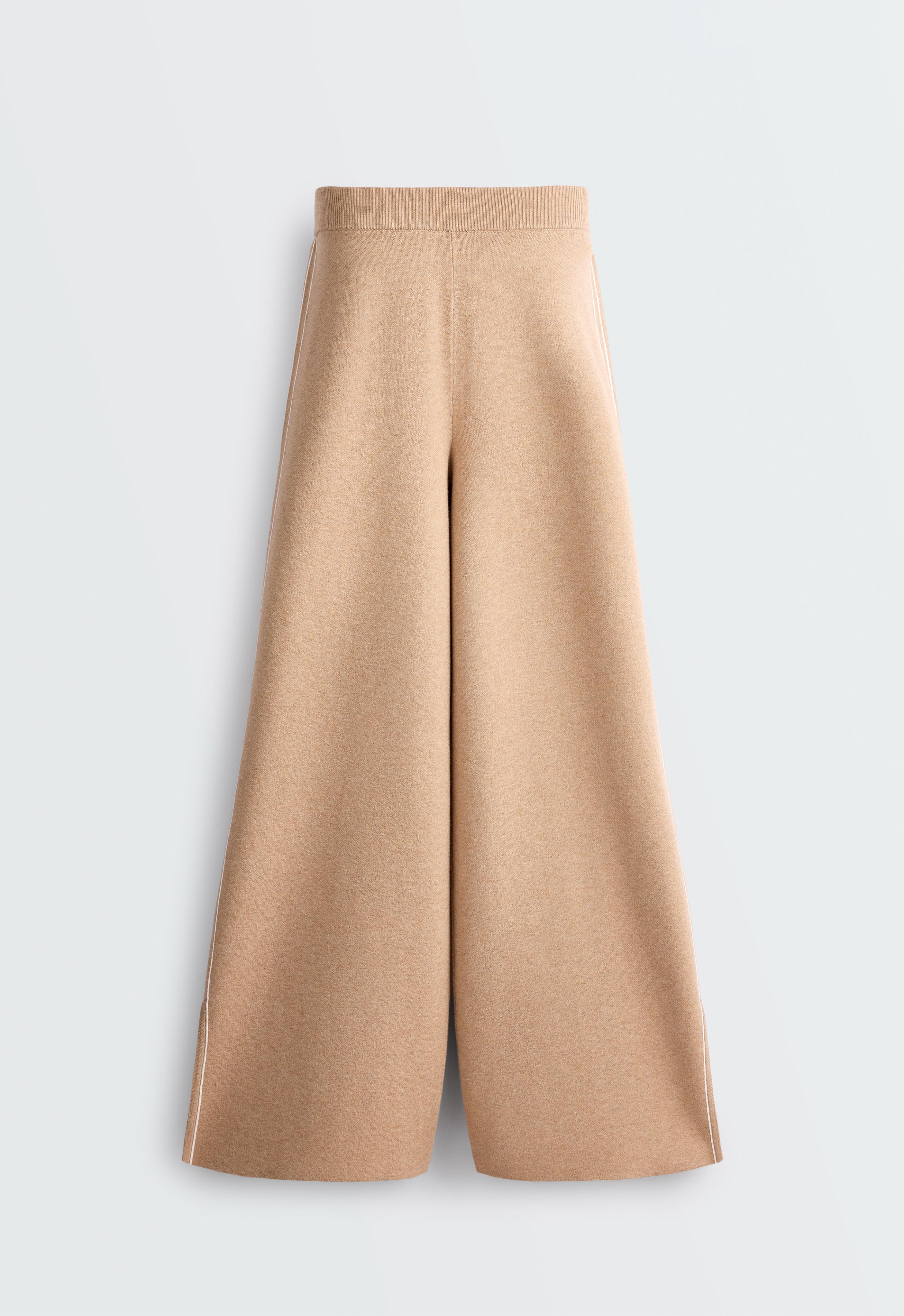 Wide-leg knit trousers with piping and splits — CAMEL