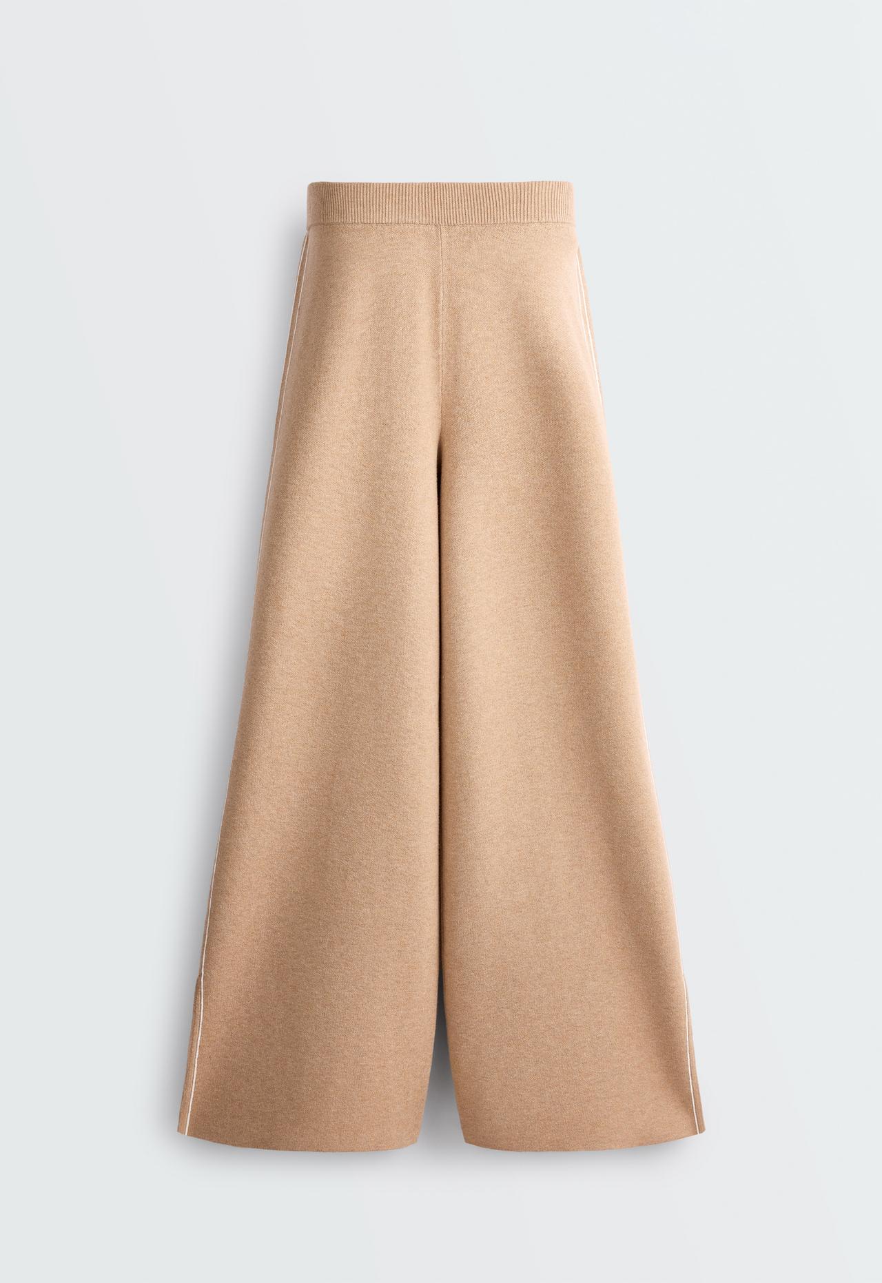 Wide-leg knit trousers with piping and split — CAMEL