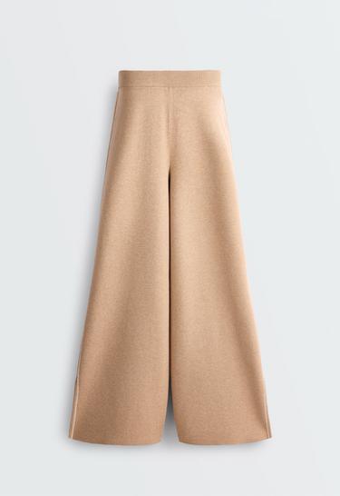 Wide-leg knit trousers with piping and split — CAMEL 4