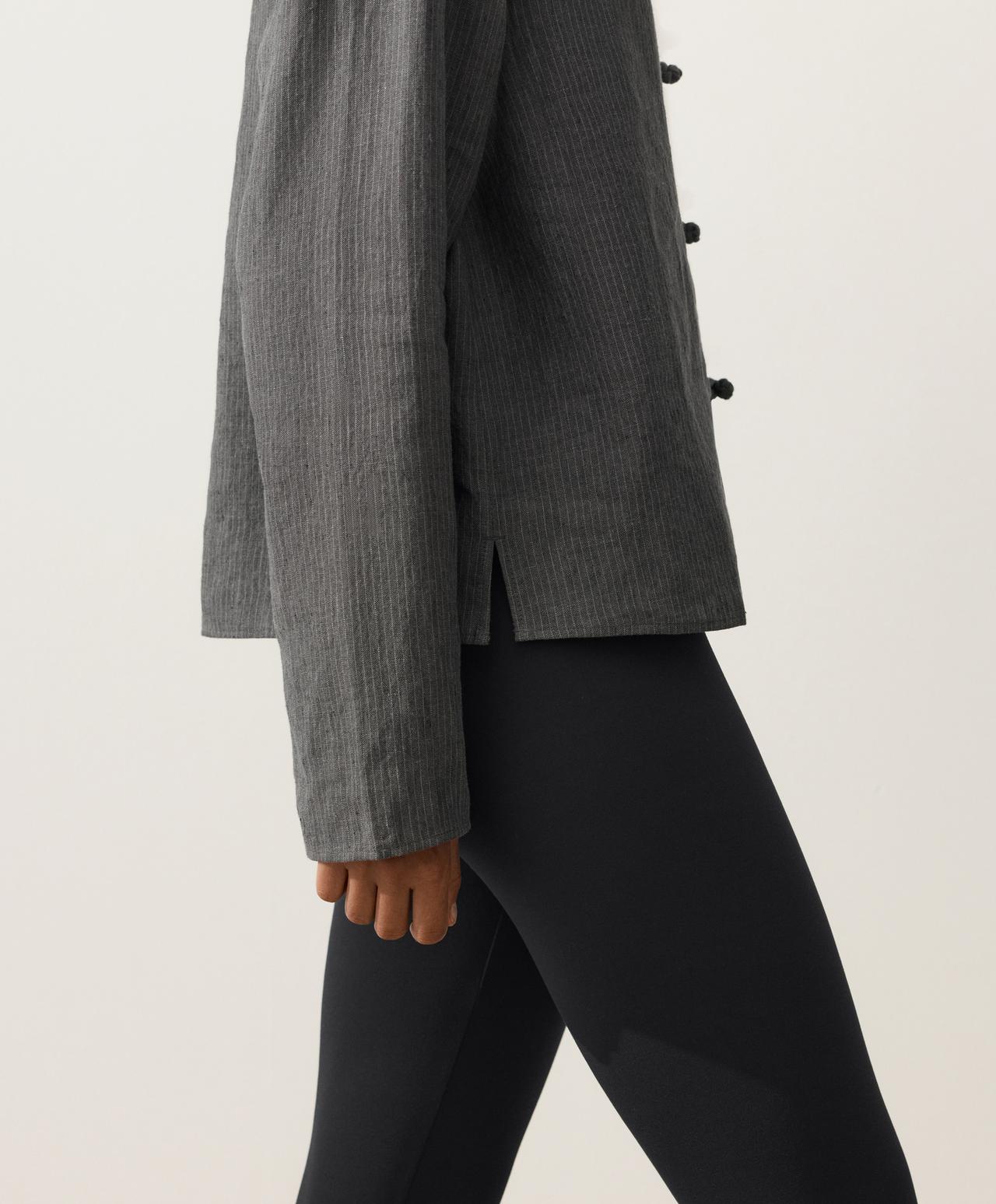 Striped 100% linen stand-up collar shirt — DARK ANTHRACITE