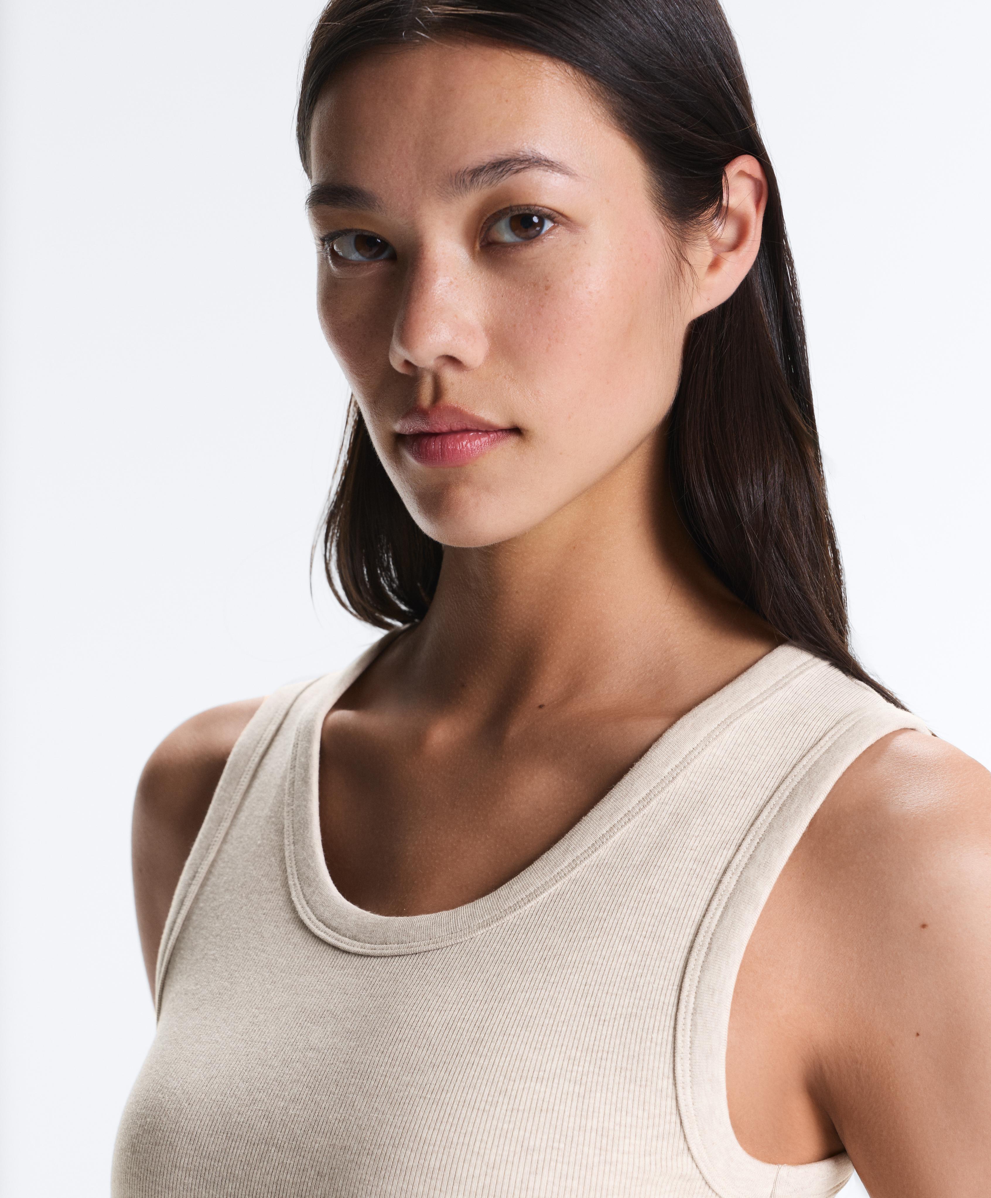 Rib T-shirt with wide straps, cotton and modal — SAND MELANGE