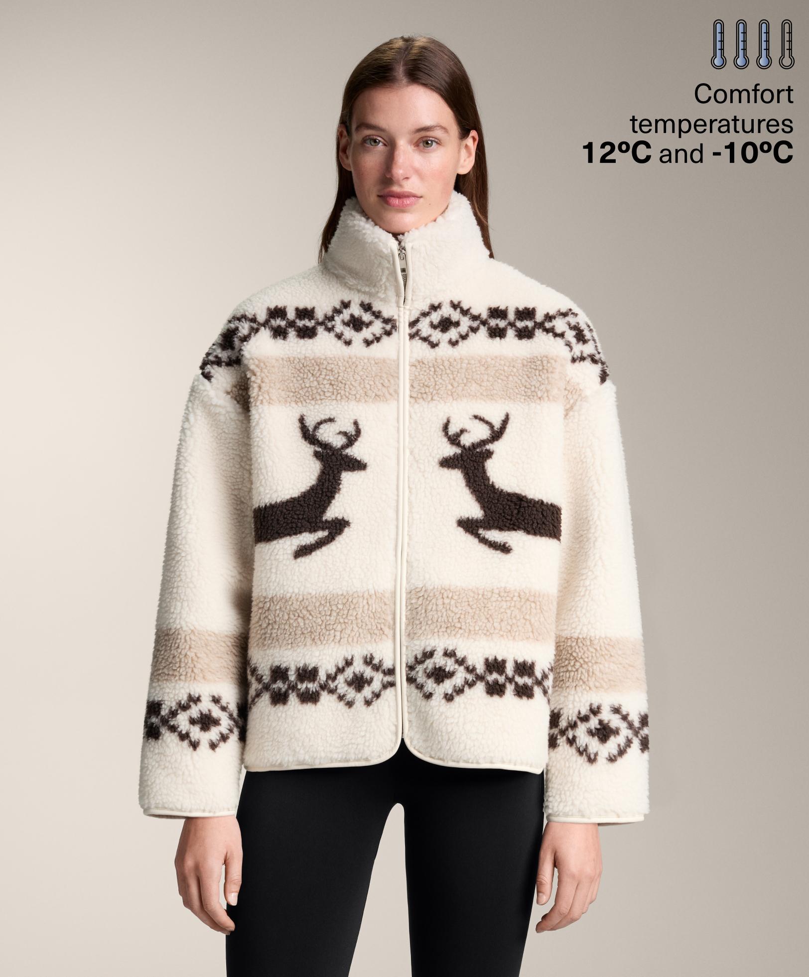 High-neck deer faux-shearling jacket.