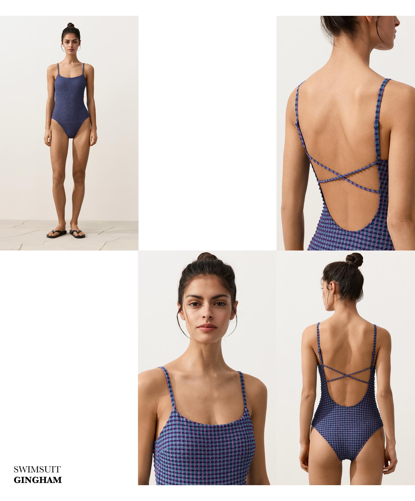 Gingham round-neck swimsuit — NAVY BLUE