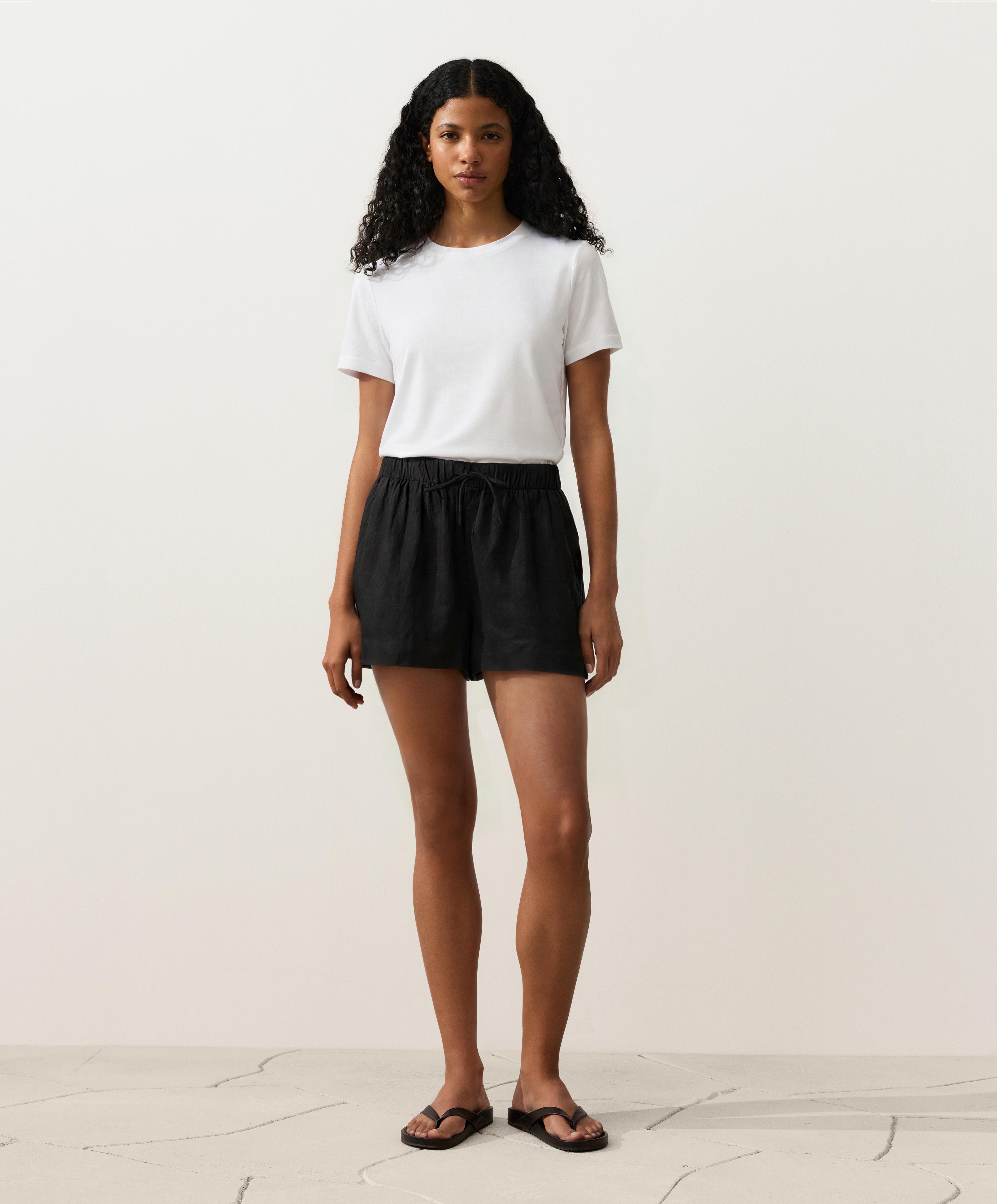 100% linen mid-rise shorts — BLACK