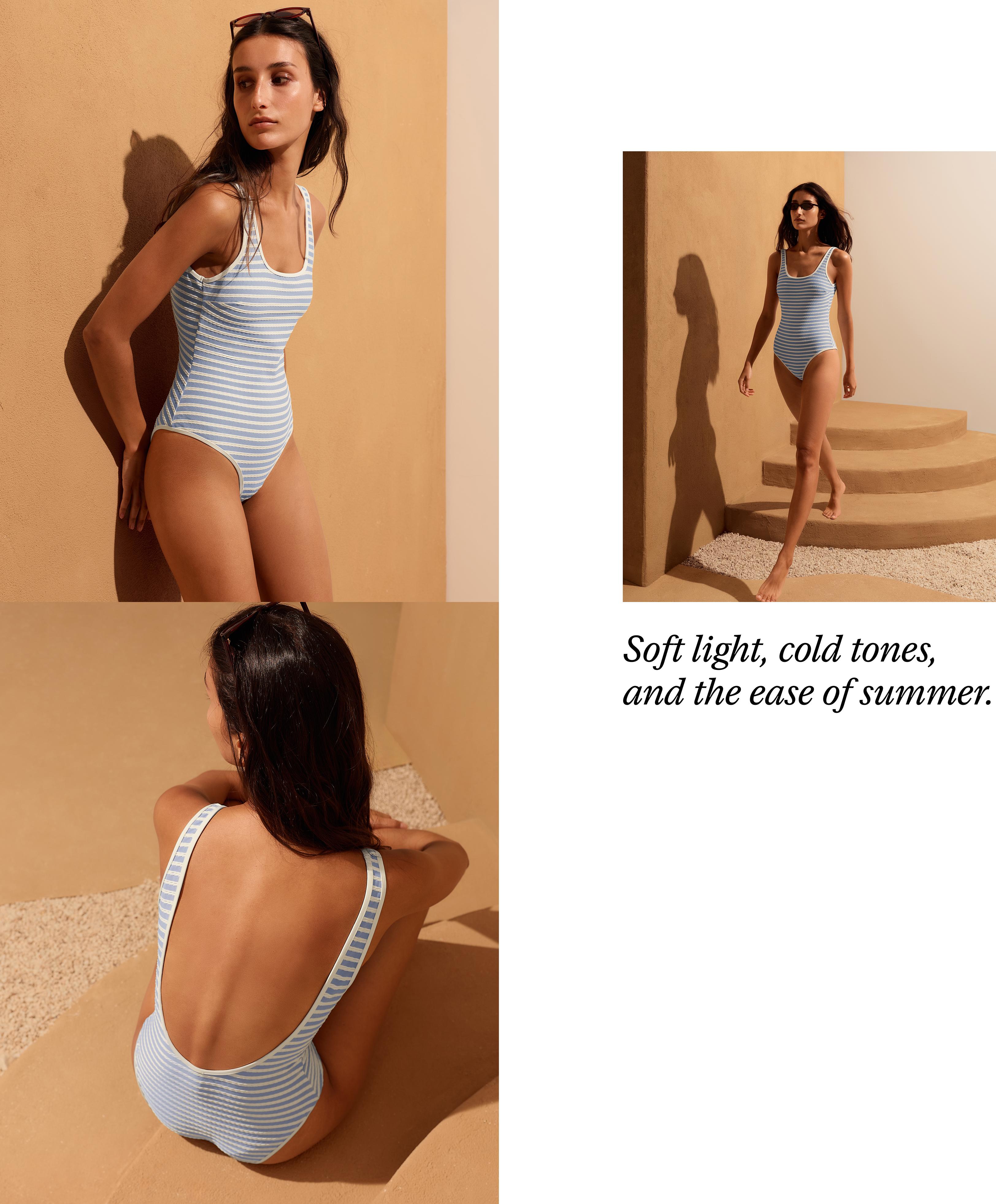Textured stripe round-neck swimsuit — WASHED SKY BLUE