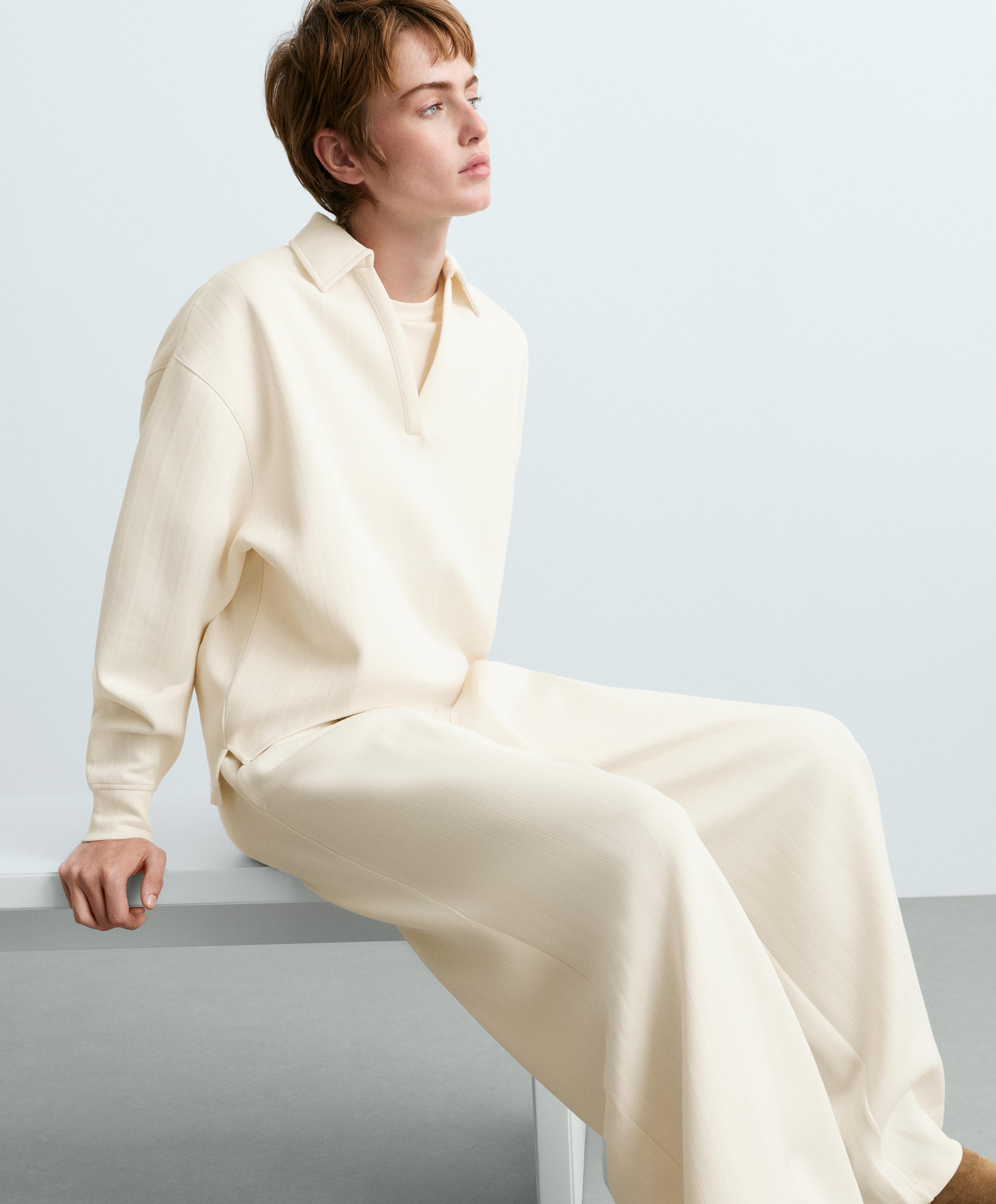 Striped cotton piqué wide-leg trousers — PALE ECRU