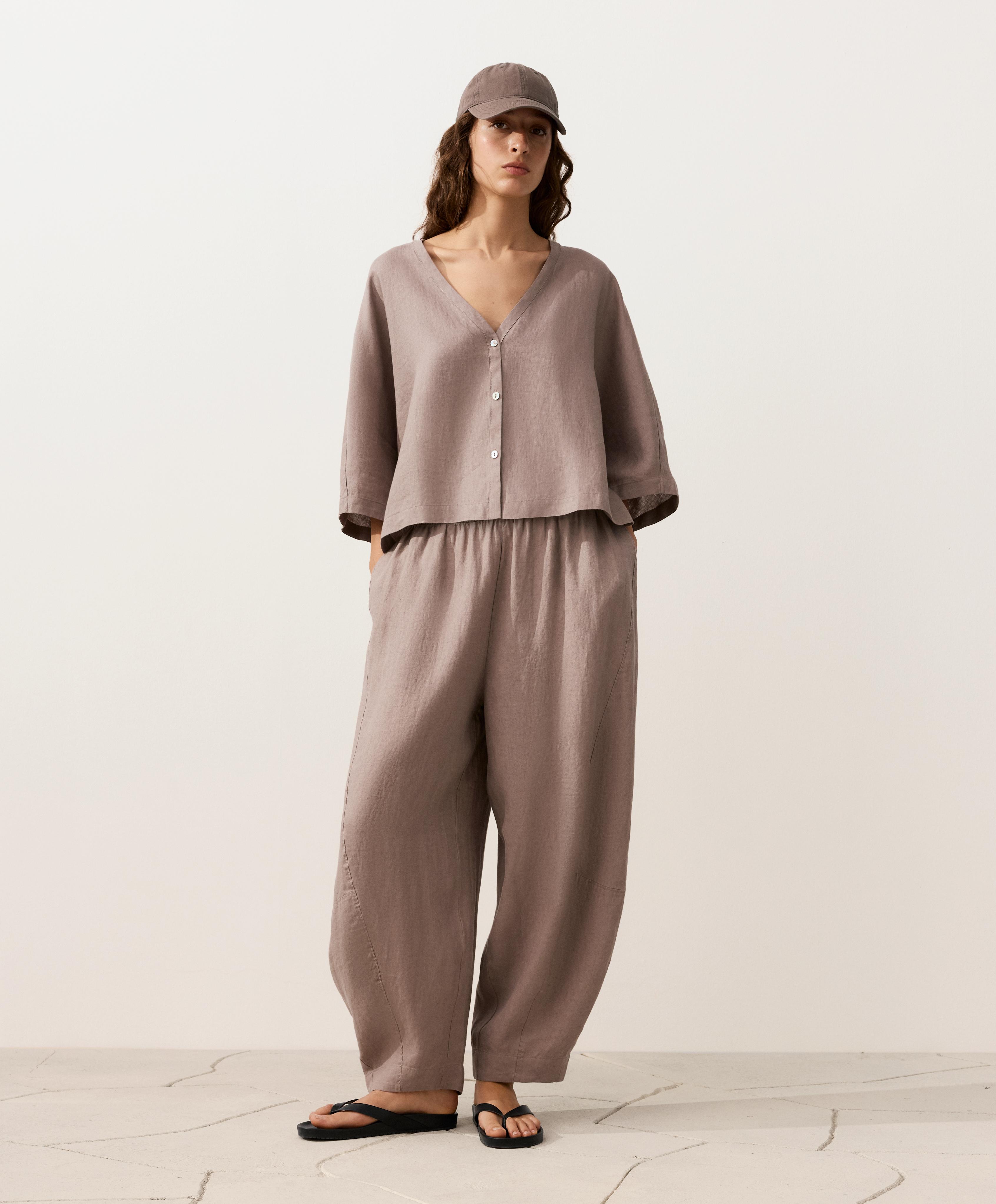 100% linen short-sleeve shirt — TAUPE-GREY