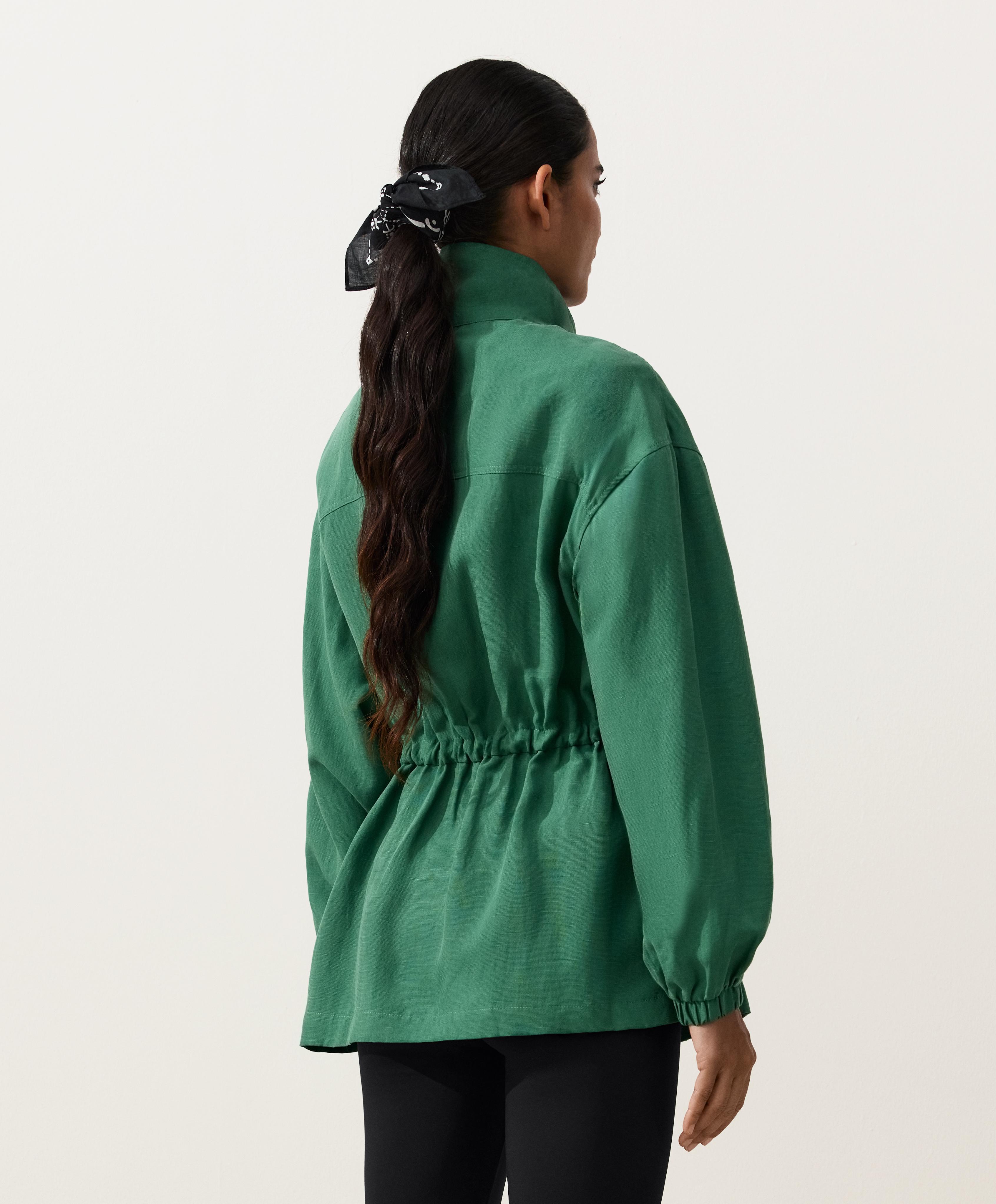 Lyocell and 24% linen blend ruched waist jacket — EMERALD GREEN
