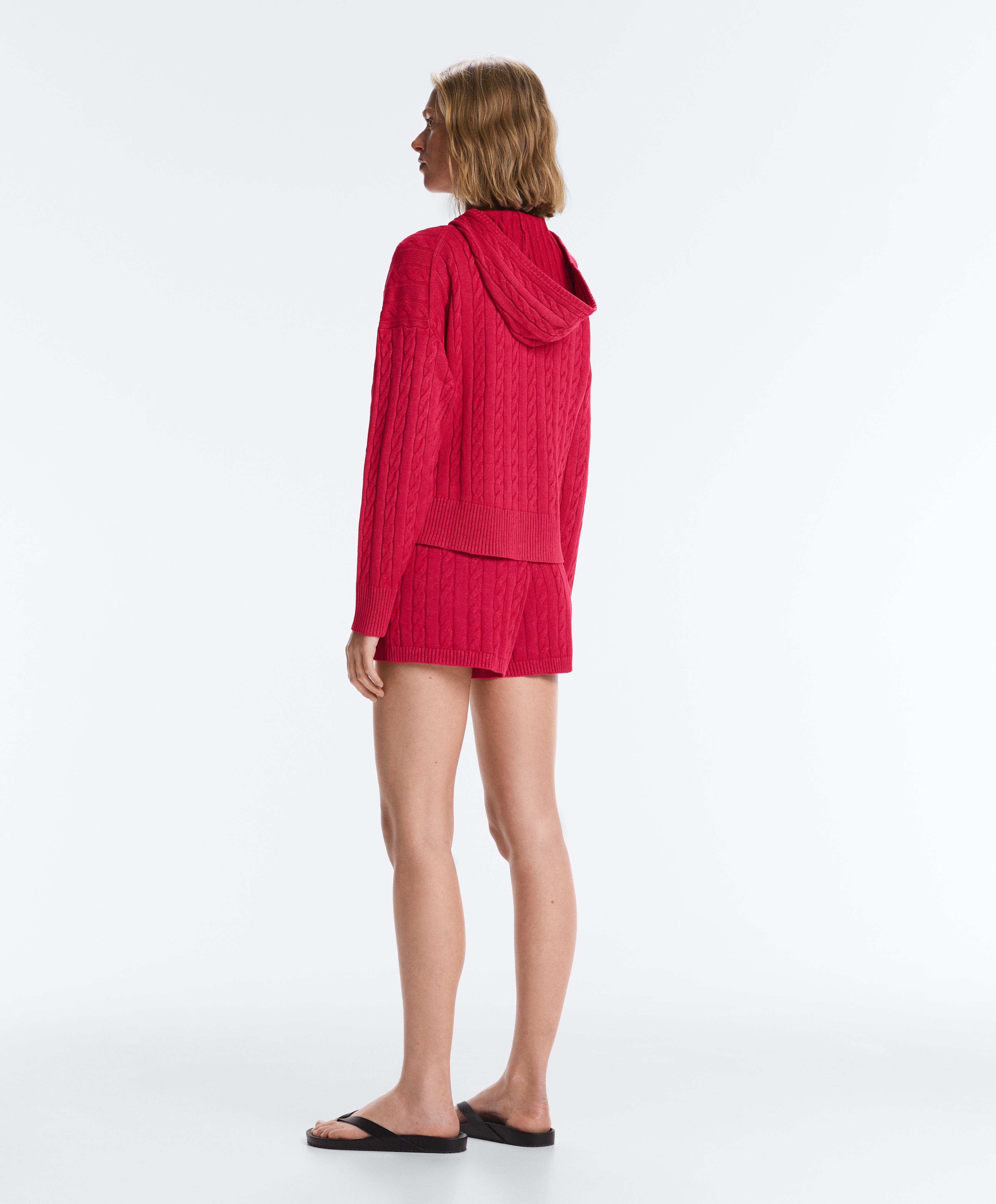 Washed cable knit hooded jacket — RED